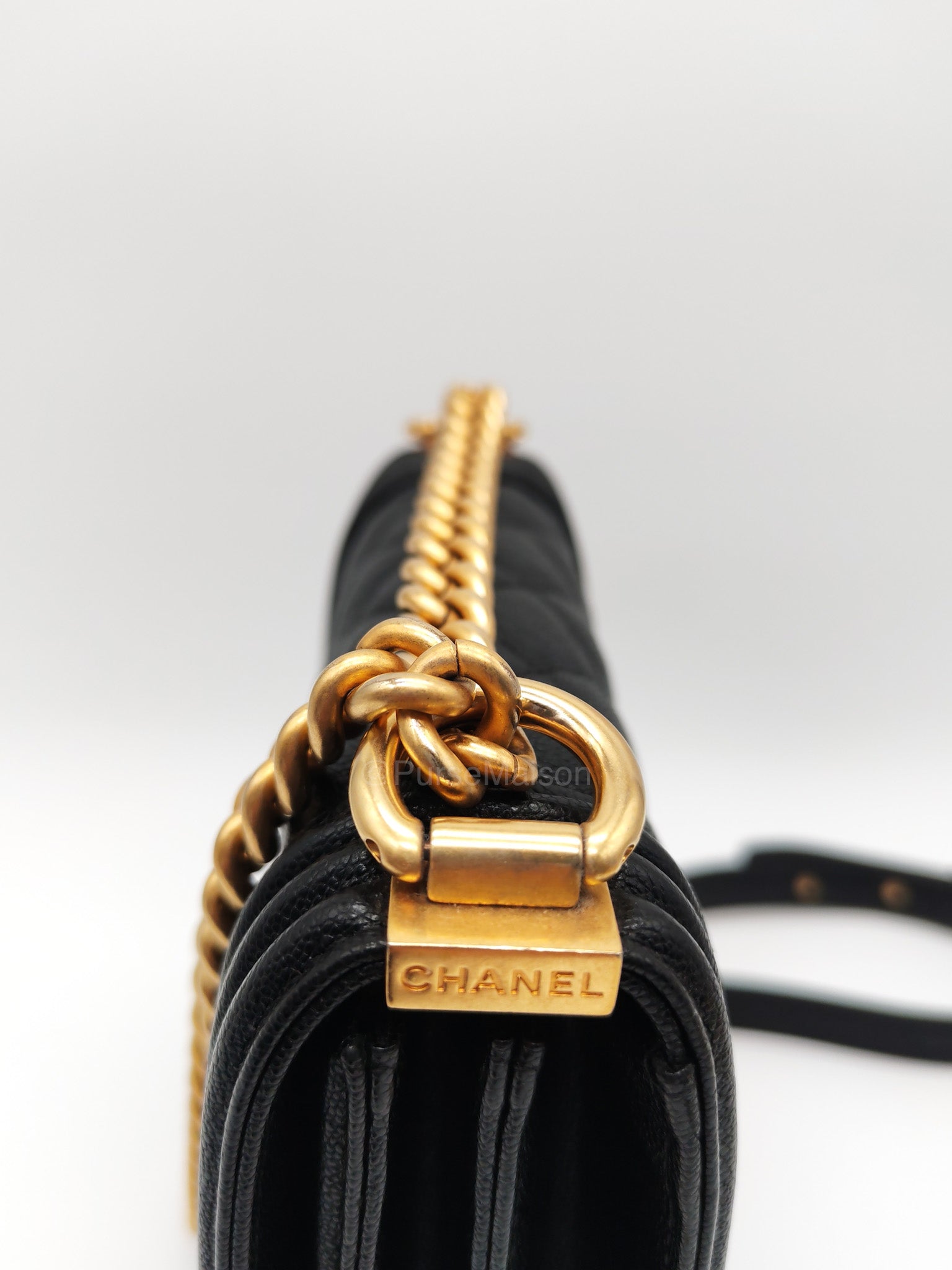 Chanel Boy North South Flap Bag in Black Quilted Caviar Leather and Aged Gold Hardware Series 28