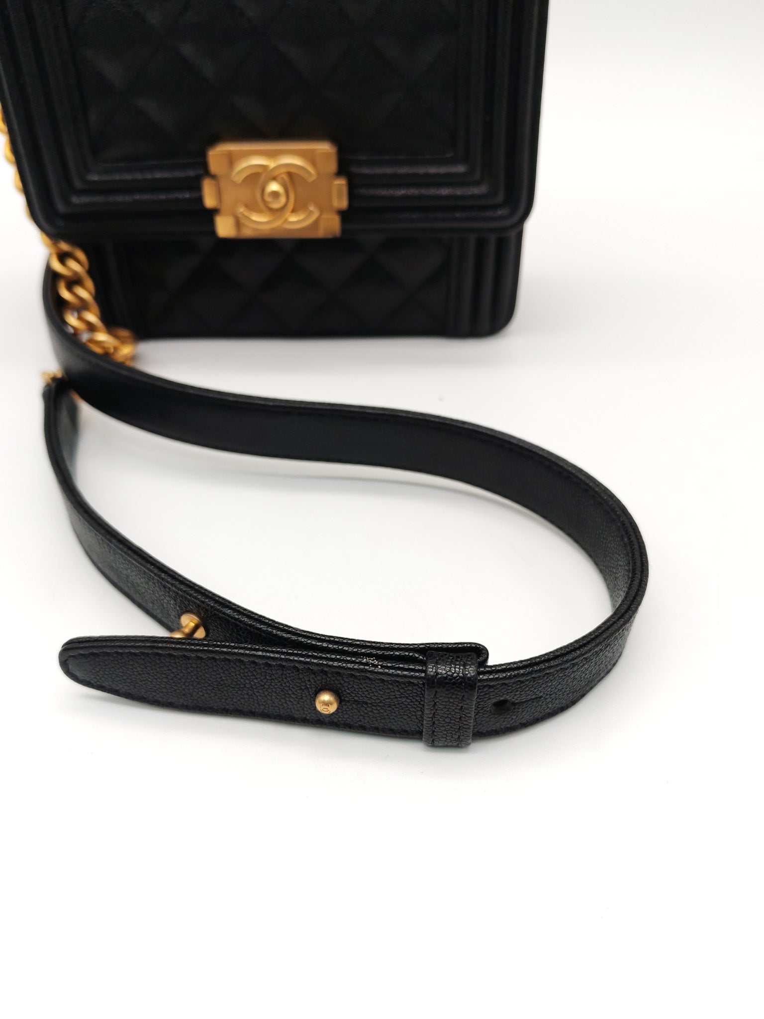 Chanel Boy North South Flap Bag in Black Quilted Caviar Leather and Aged Gold Hardware Series 28