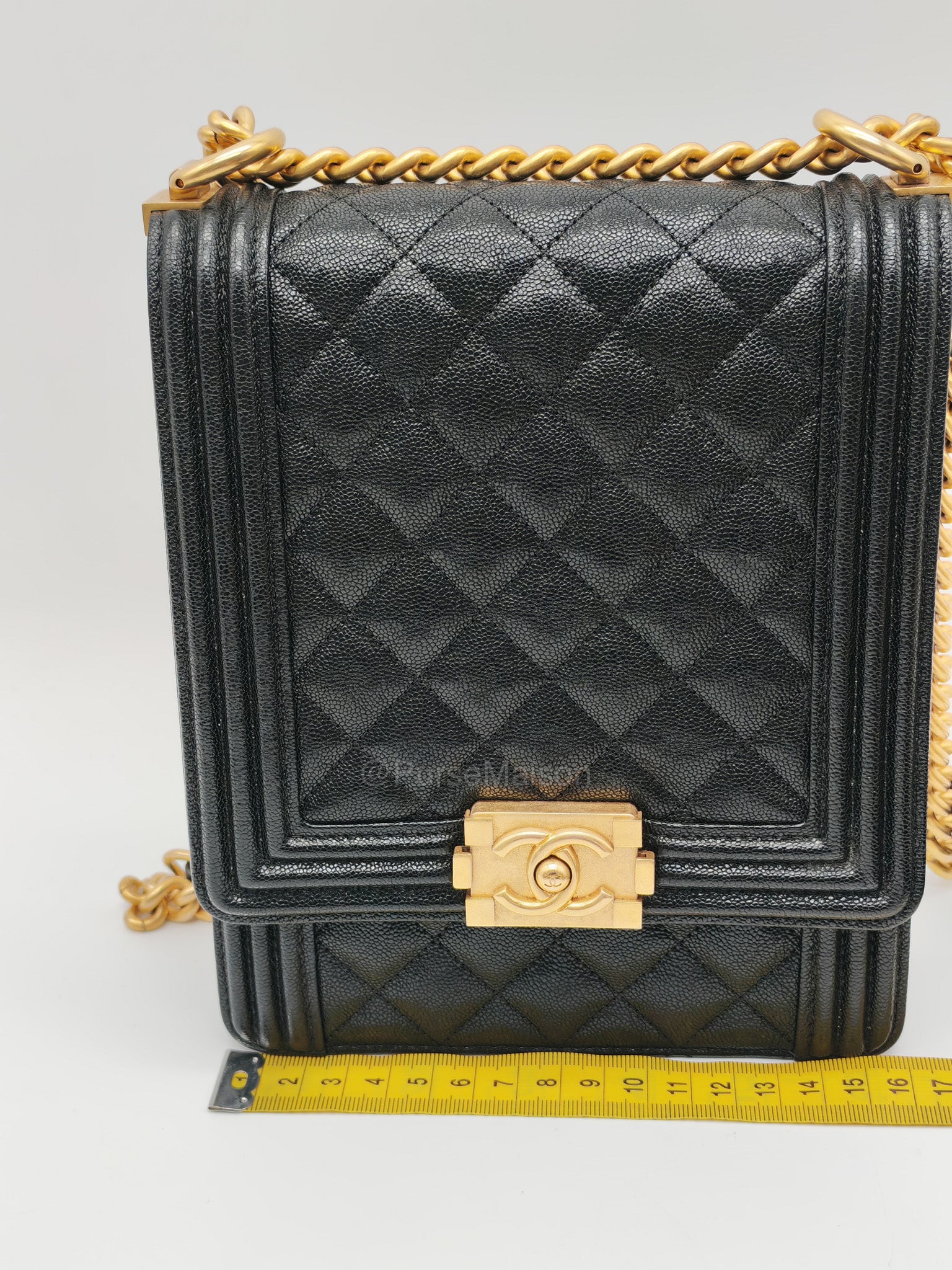 Chanel Boy North South Flap Bag in Black Quilted Caviar Leather and Aged Gold Hardware Series 28