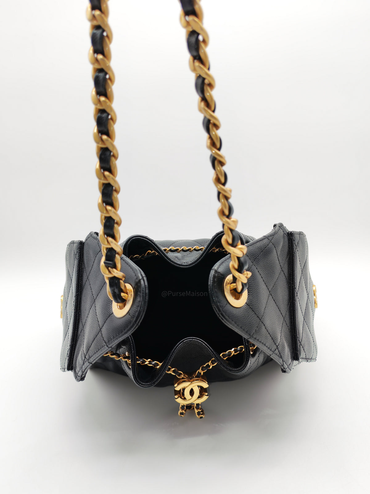 Chanel 25 Hobo Bag Small in Black Caviar Leather Aged Gold Hardware Microchip (A5****40)