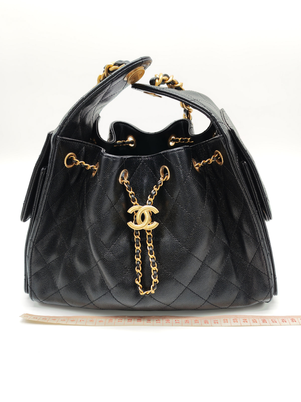 Chanel 25 Hobo Bag Small in Black Caviar Leather Aged Gold Hardware Microchip (A5****40)