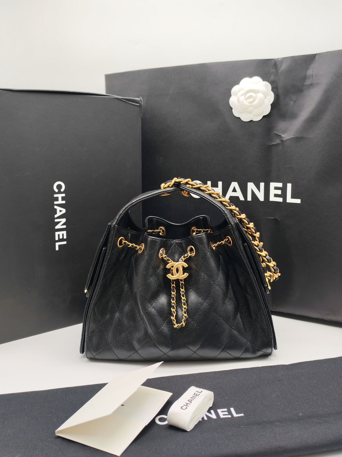 Chanel 25 Hobo Bag Small in Black Caviar Leather Aged Gold Hardware Microchip (A5****40)