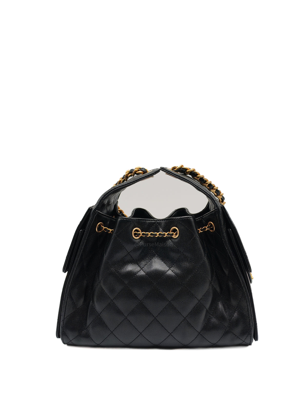 Chanel 25 Hobo Bag Small in Black Caviar Leather Aged Gold Hardware Microchip (A5****40)