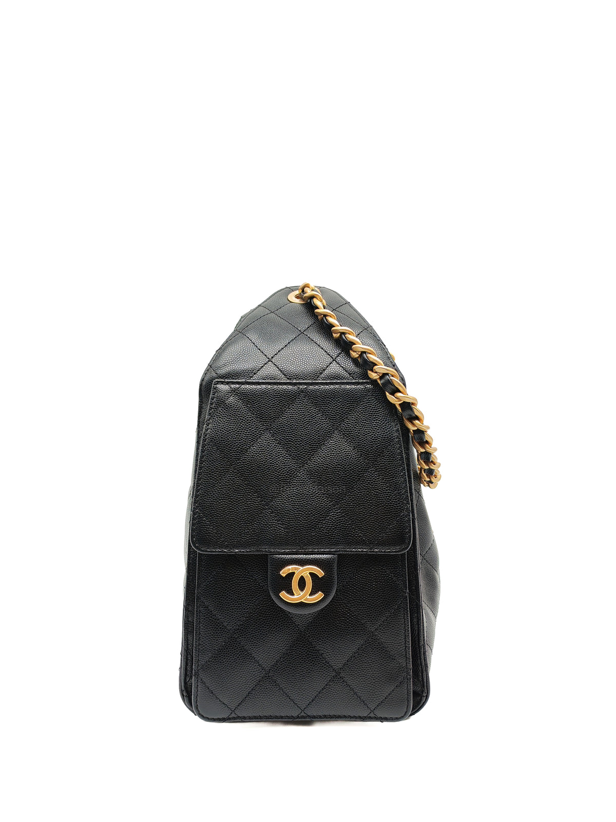 Chanel 25 Hobo Bag Small in Black Caviar Leather Aged Gold Hardware Microchip (A5****40)