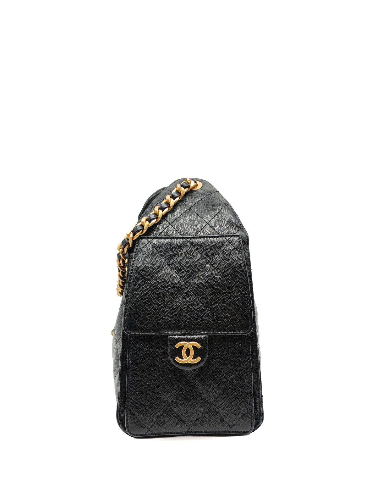 Chanel 25 Hobo Bag Small in Black Caviar Leather Aged Gold Hardware Microchip (A5****40)