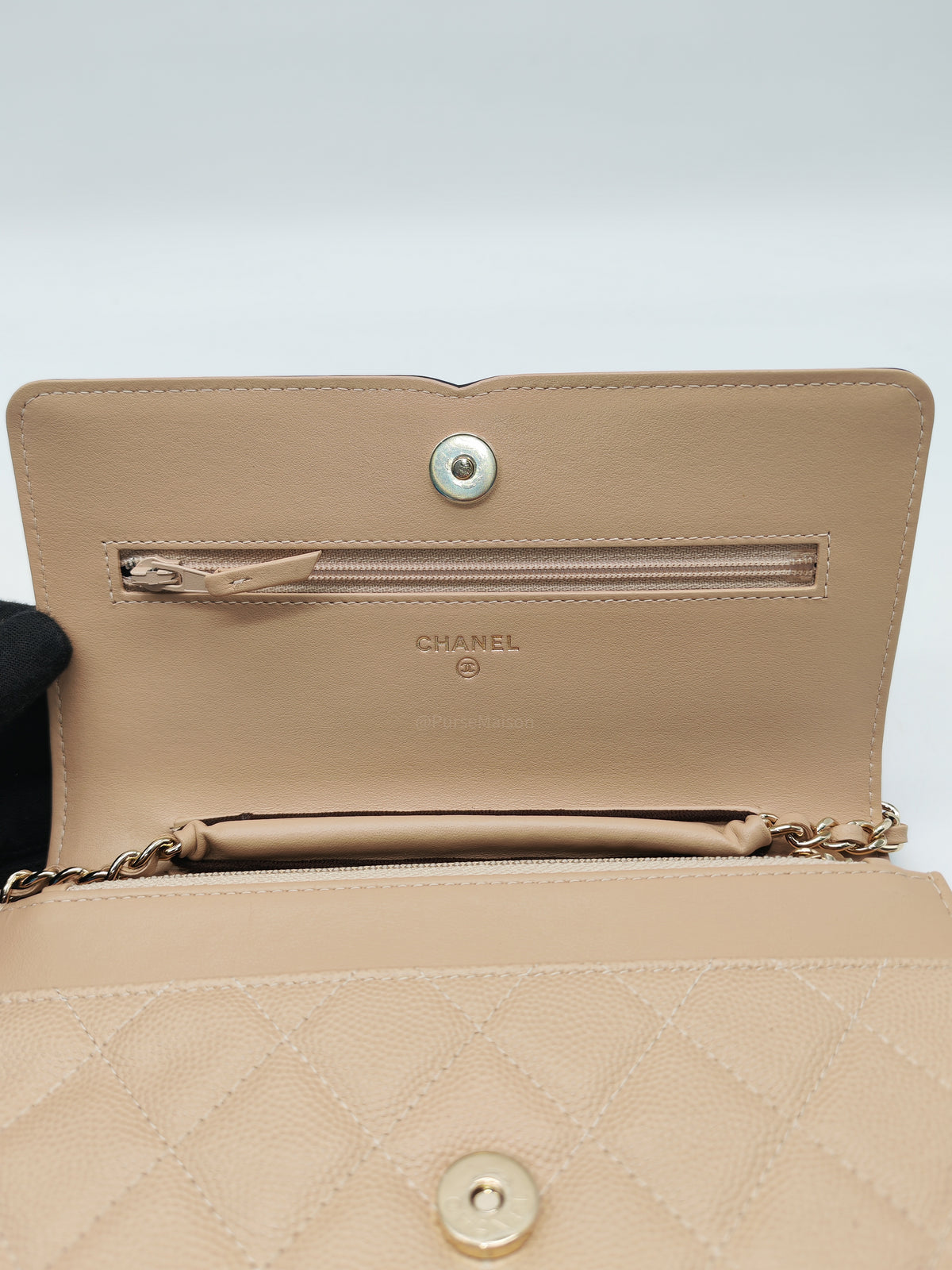 Chanel CC Filigree Wallet on Chain in Beige and Black Caviar Leather and Gold Hardware Series 30