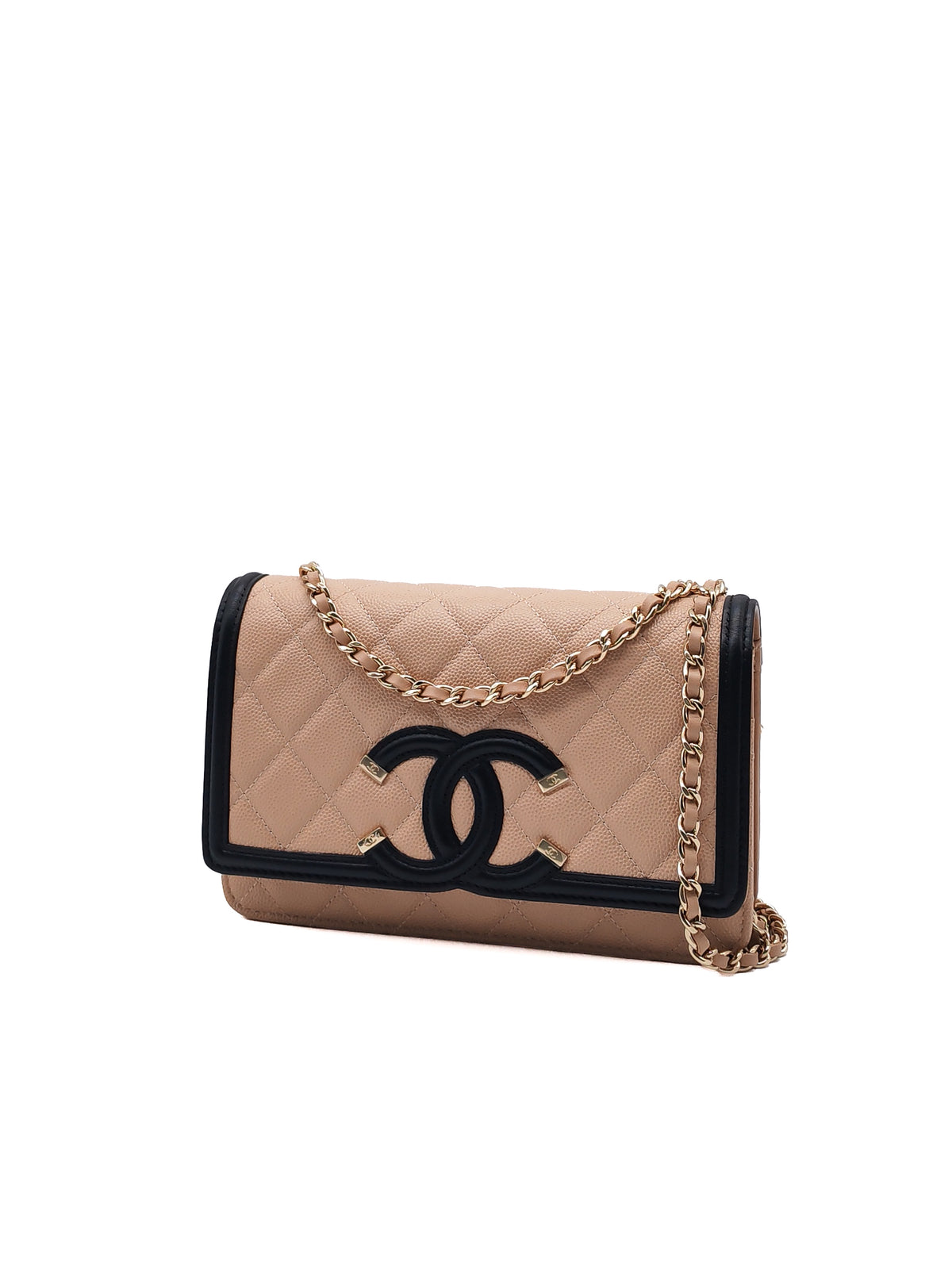 Chanel CC Filigree Wallet on Chain in Beige and Black Caviar Leather and Gold Hardware Series 30