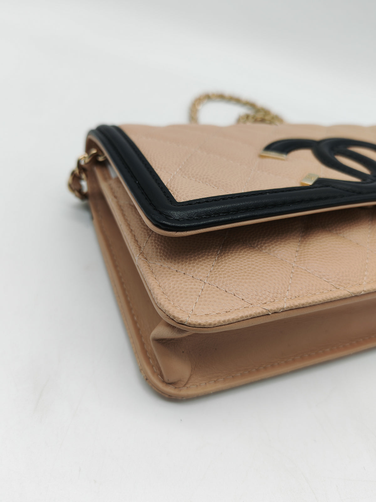 Chanel CC Filigree Wallet on Chain in Beige and Black Caviar Leather and Gold Hardware Series 30