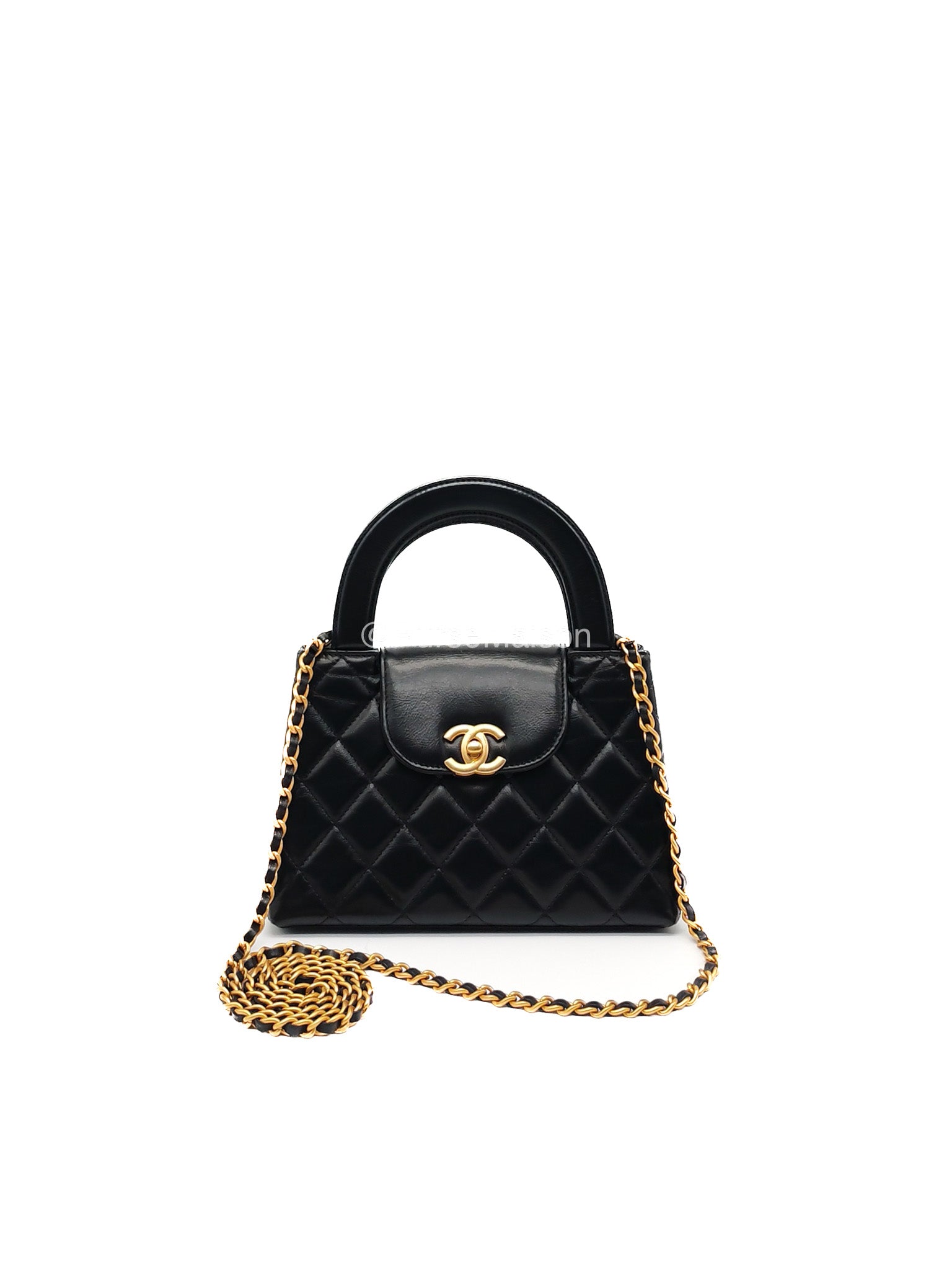 Chanel CC Kelly Shopping Bag Small in Black Shiny Calfskin Leather Aged Gold Hardware (Microchip)