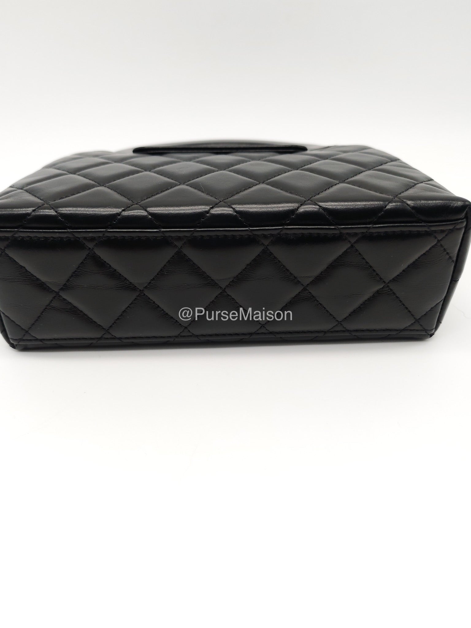 Chanel CC Kelly Shopping Bag Small in Black Shiny Calfskin Leather Aged Gold Hardware (Microchip)
