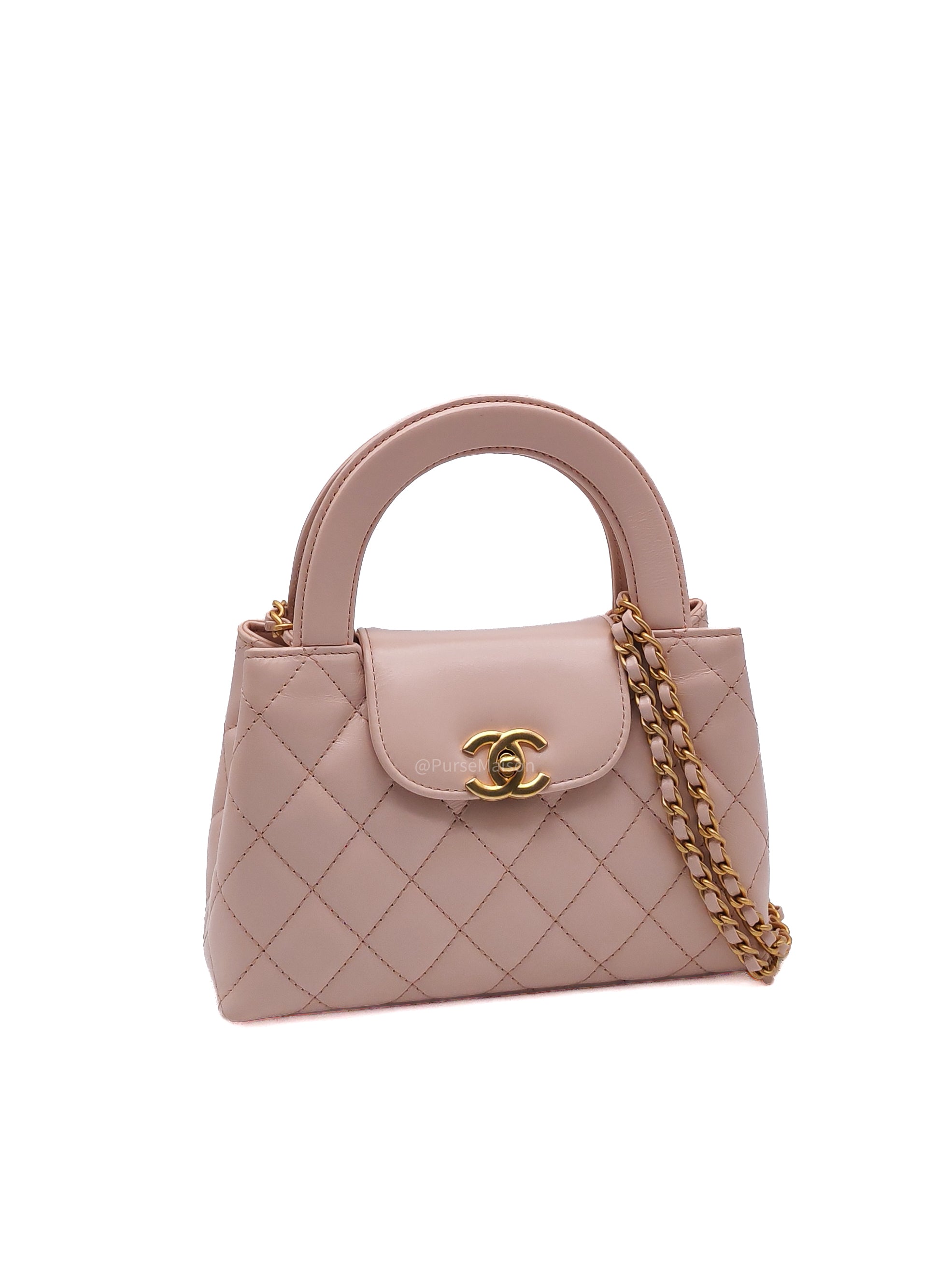Chanel CC Kelly Small in Baby Pink Shinny Calfskin Leather Aged Gold Hardware Microchip(E8****T5)