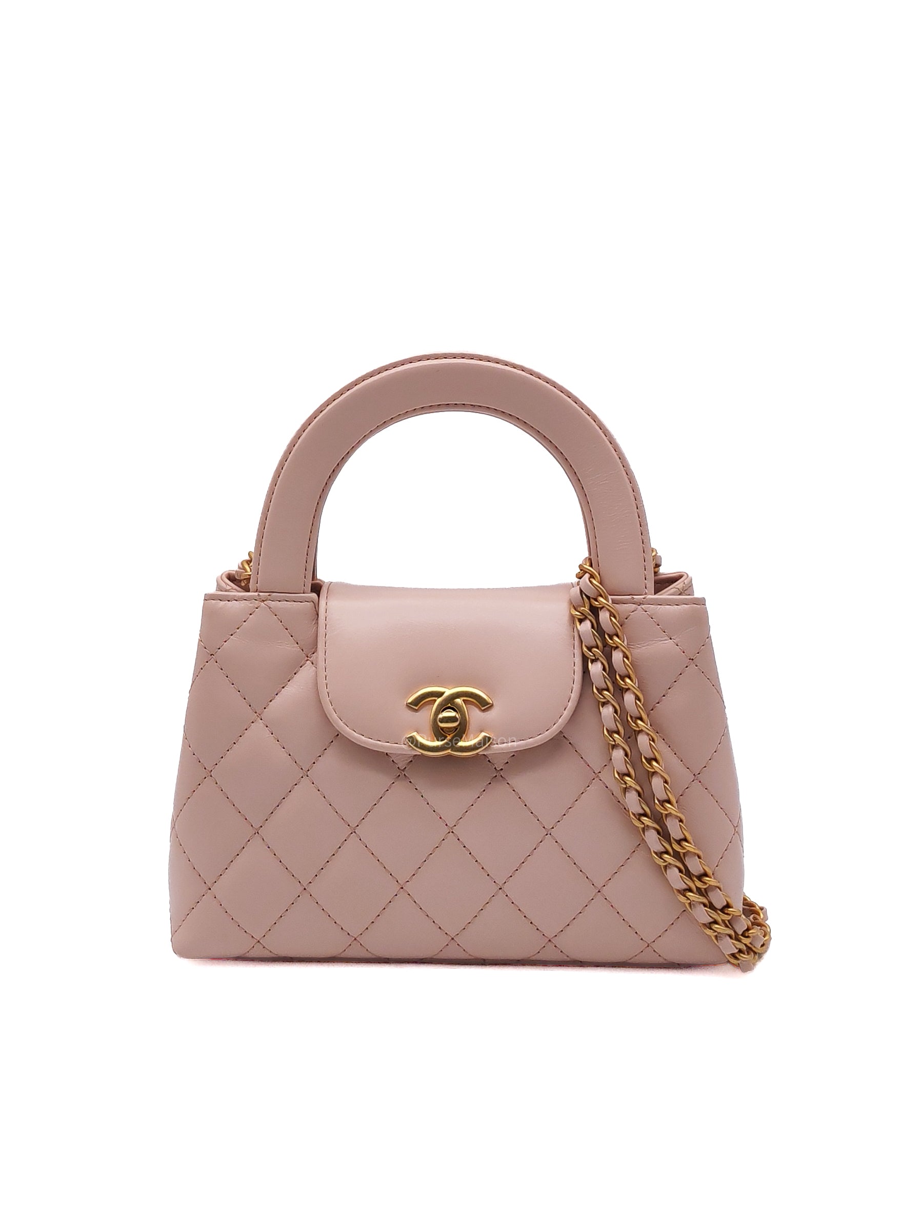 Chanel CC Kelly Small in Baby Pink Shinny Calfskin Leather Aged Gold Hardware Microchip(E8****T5)