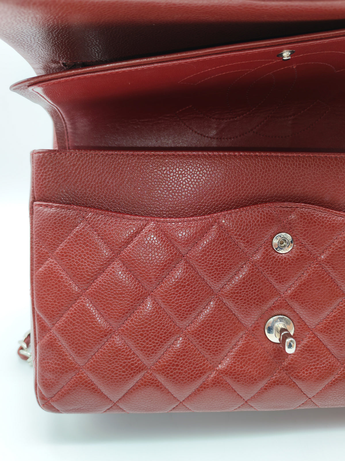 Chanel Classic Double Flap Jumbo in Burgundy Quilted Caviar Leather and Silver Hardware Series 18