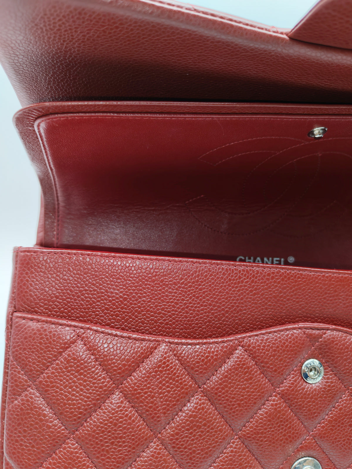 Chanel Classic Double Flap Jumbo in Burgundy Quilted Caviar Leather and Silver Hardware Series 18
