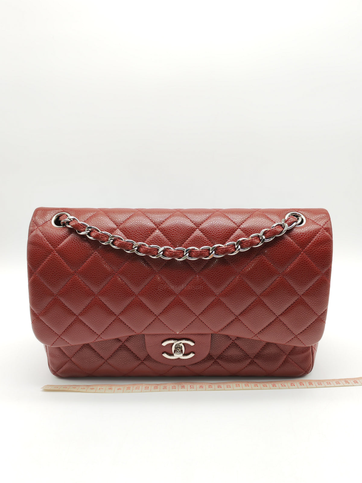 Chanel Classic Double Flap Jumbo in Burgundy Quilted Caviar Leather and Silver Hardware Series 18