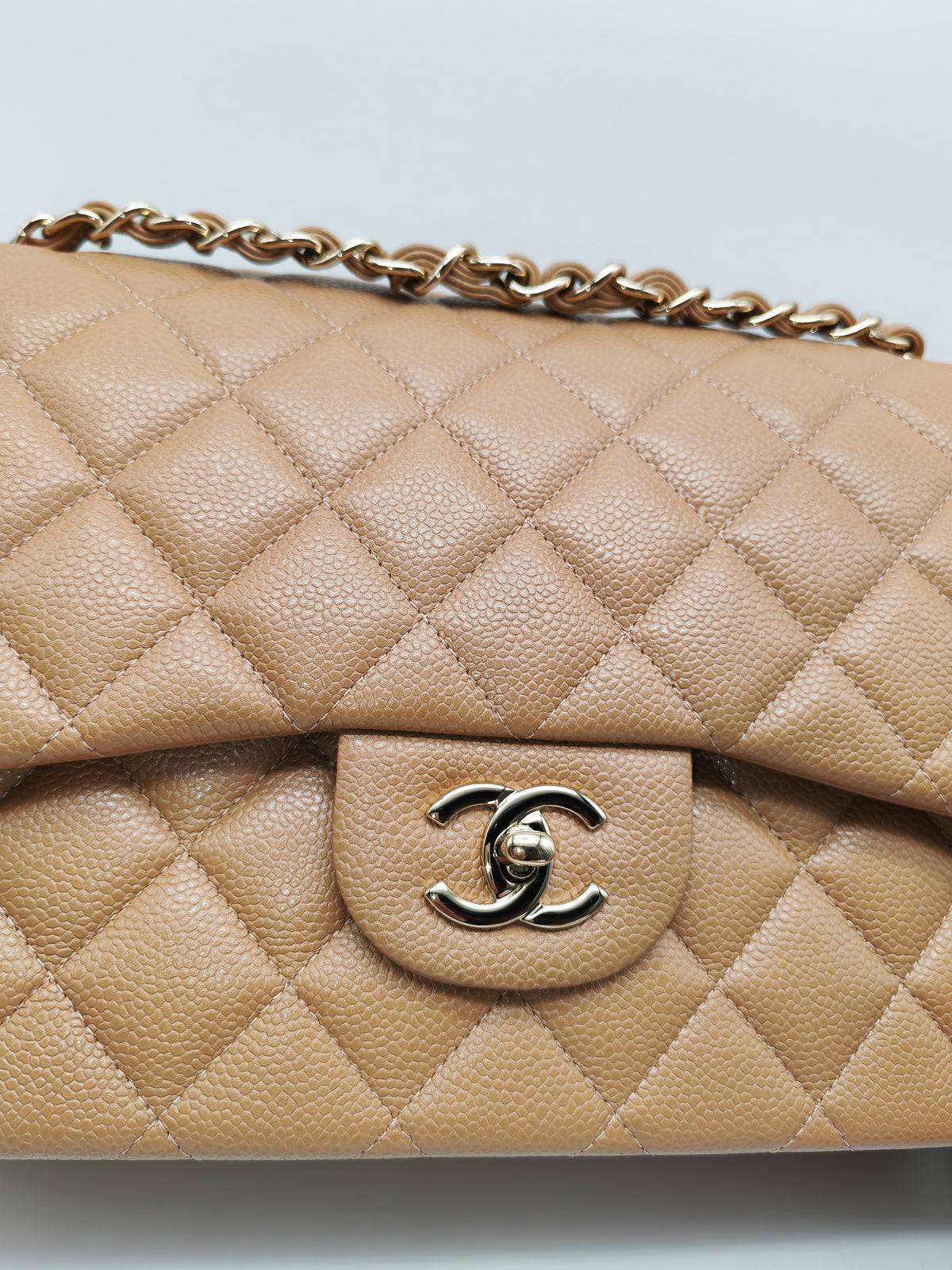 Chanel Classic Double Flap Jumbo in Dark Beige Caviar Leather and Light Gold Hardware (Series 25)