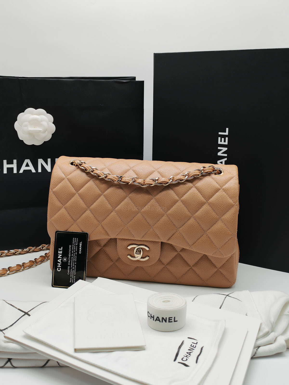 Chanel Classic Double Flap Jumbo in Dark Beige Caviar Leather and Light Gold Hardware (Series 25)