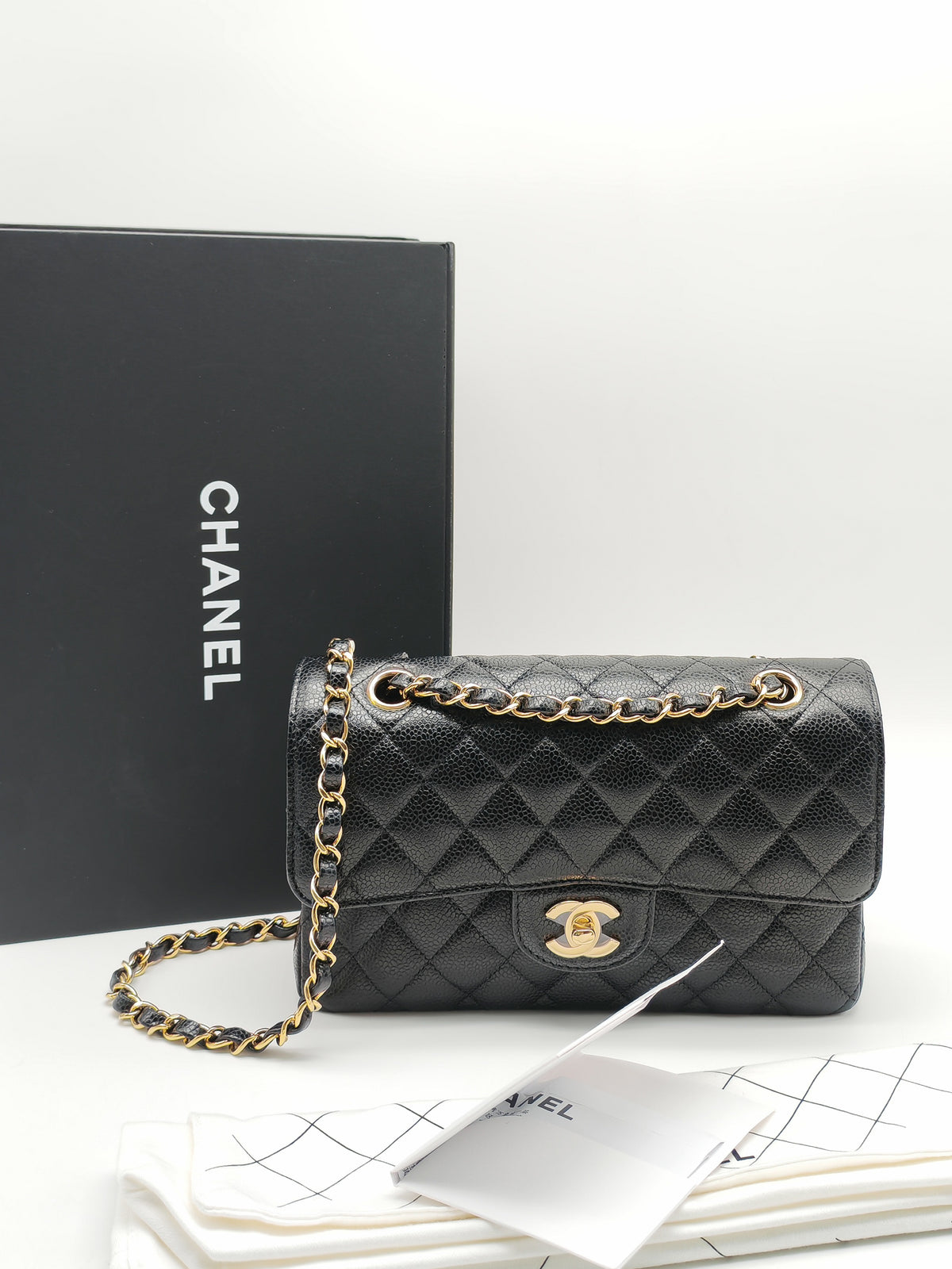 Chanel Classic Double Flap Small in Quilted Caviar Leather and Gold Hardware Microchip
