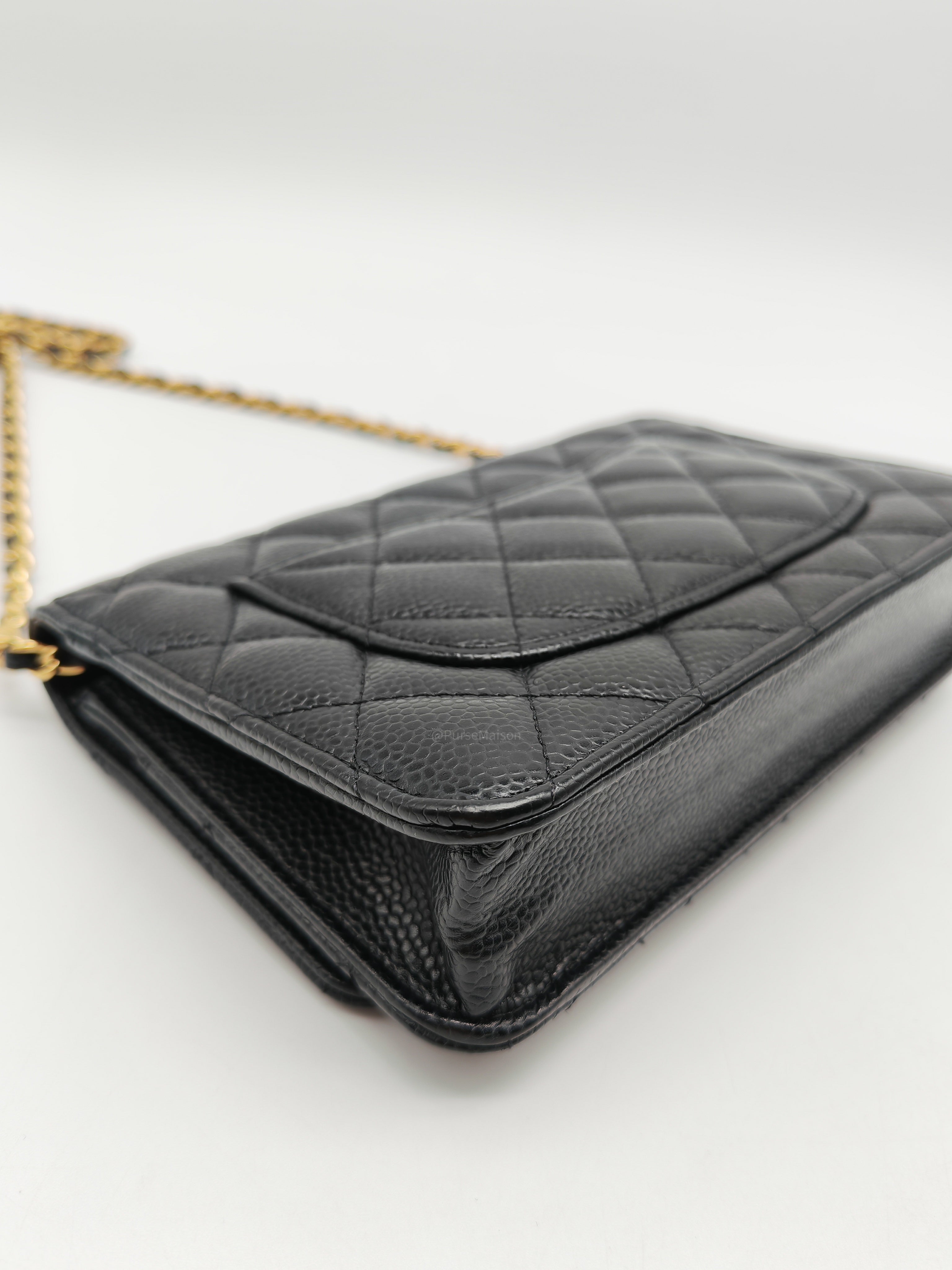 Chanel Wallet on Chain (WOC) in Black Quilted Caviar Leather and Gold Hardware Series 29