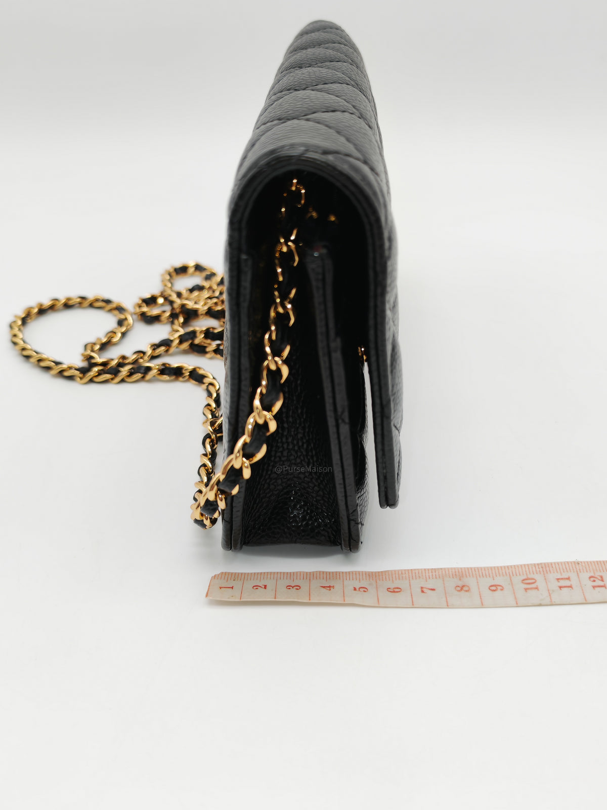 Chanel Wallet on Chain (WOC) in Black Quilted Caviar Leather and Gold Hardware Series 29