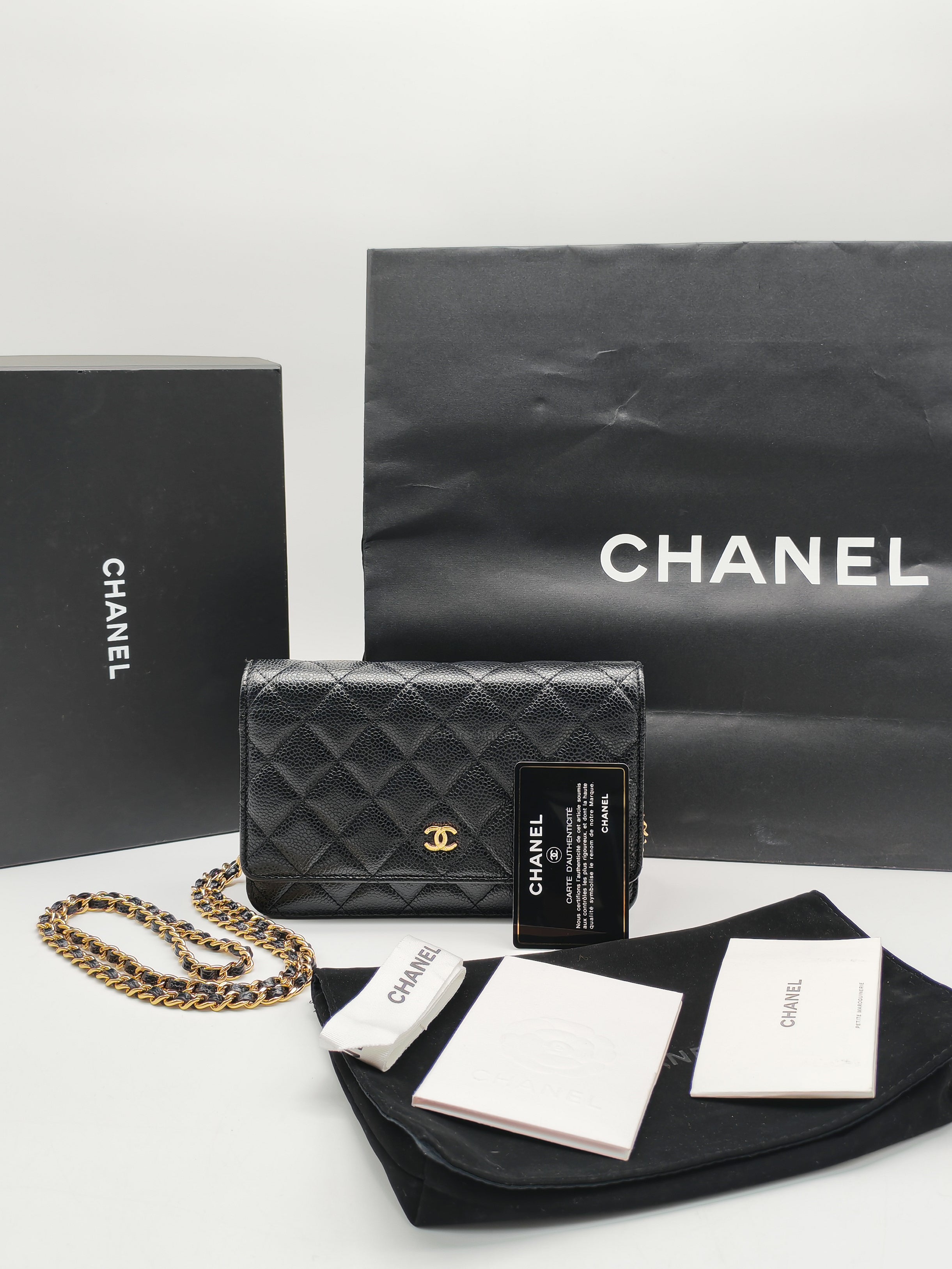 Chanel Wallet on Chain (WOC) in Black Quilted Caviar Leather and Gold Hardware Series 29