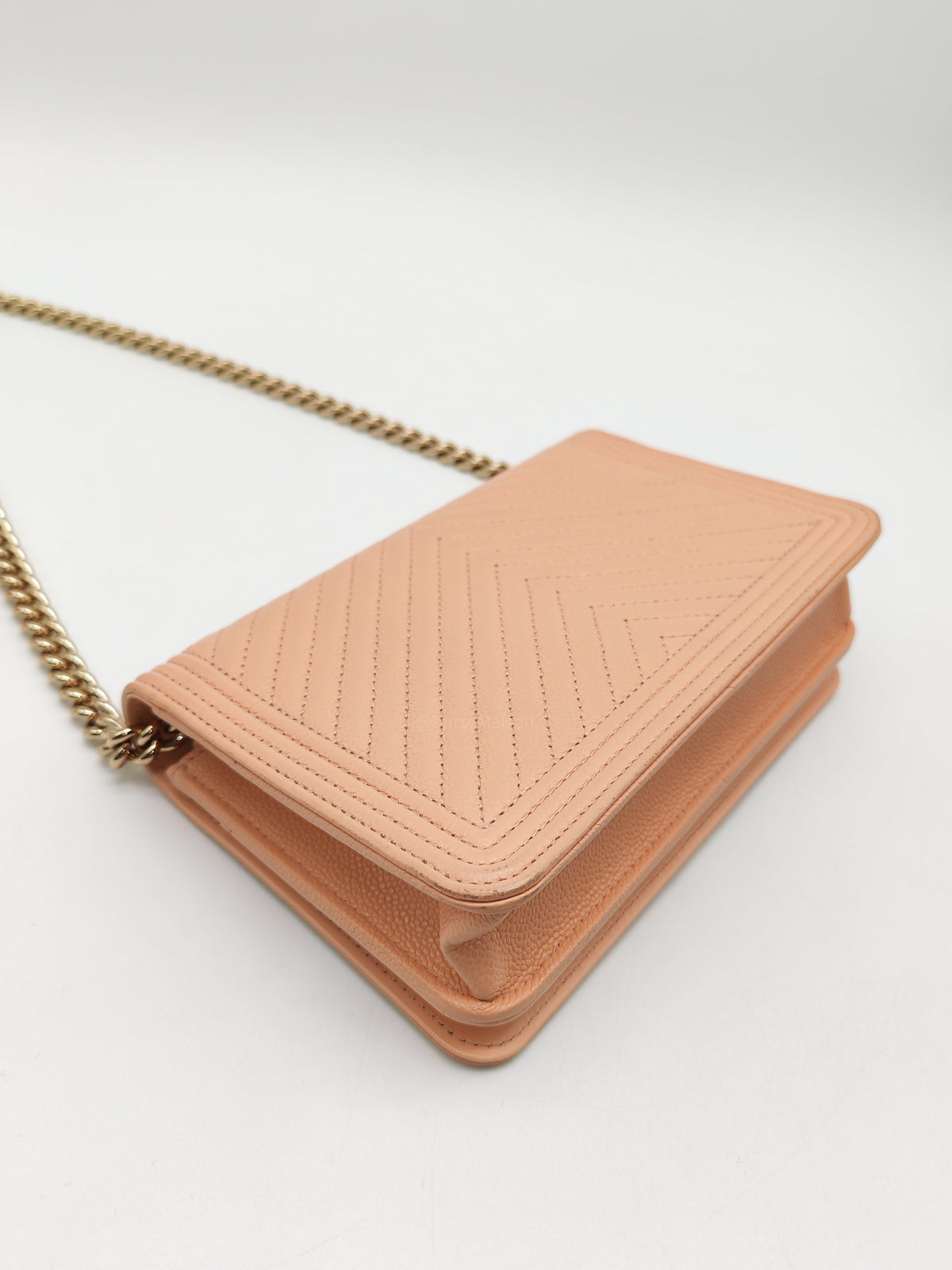 Chanel Boy Chevron Wallet on Chain in Peach Caviar Leather and Light Gold Hardware Microchip
