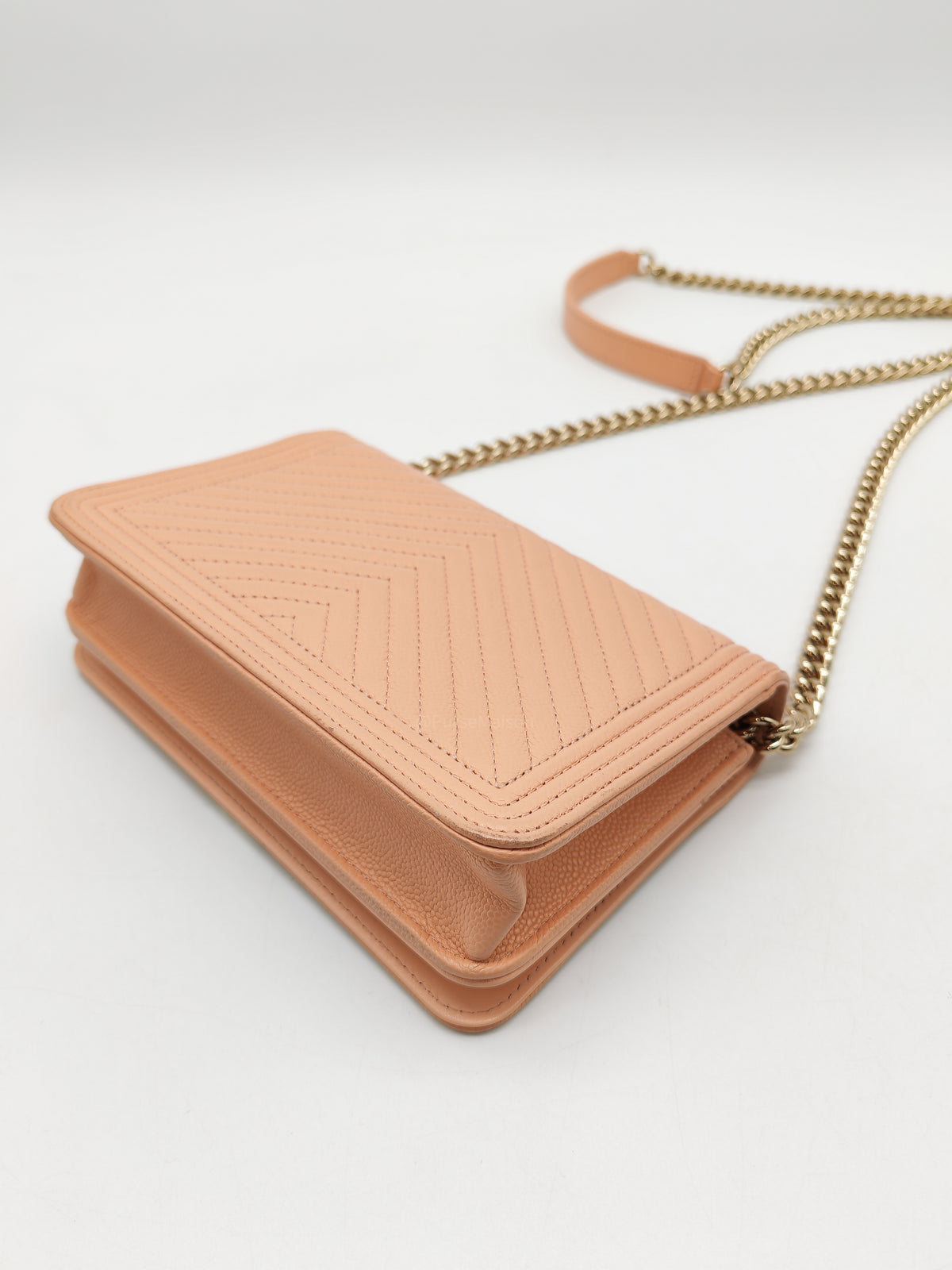 Chanel Boy Chevron Wallet on Chain in Peach Caviar Leather and Light Gold Hardware Microchip