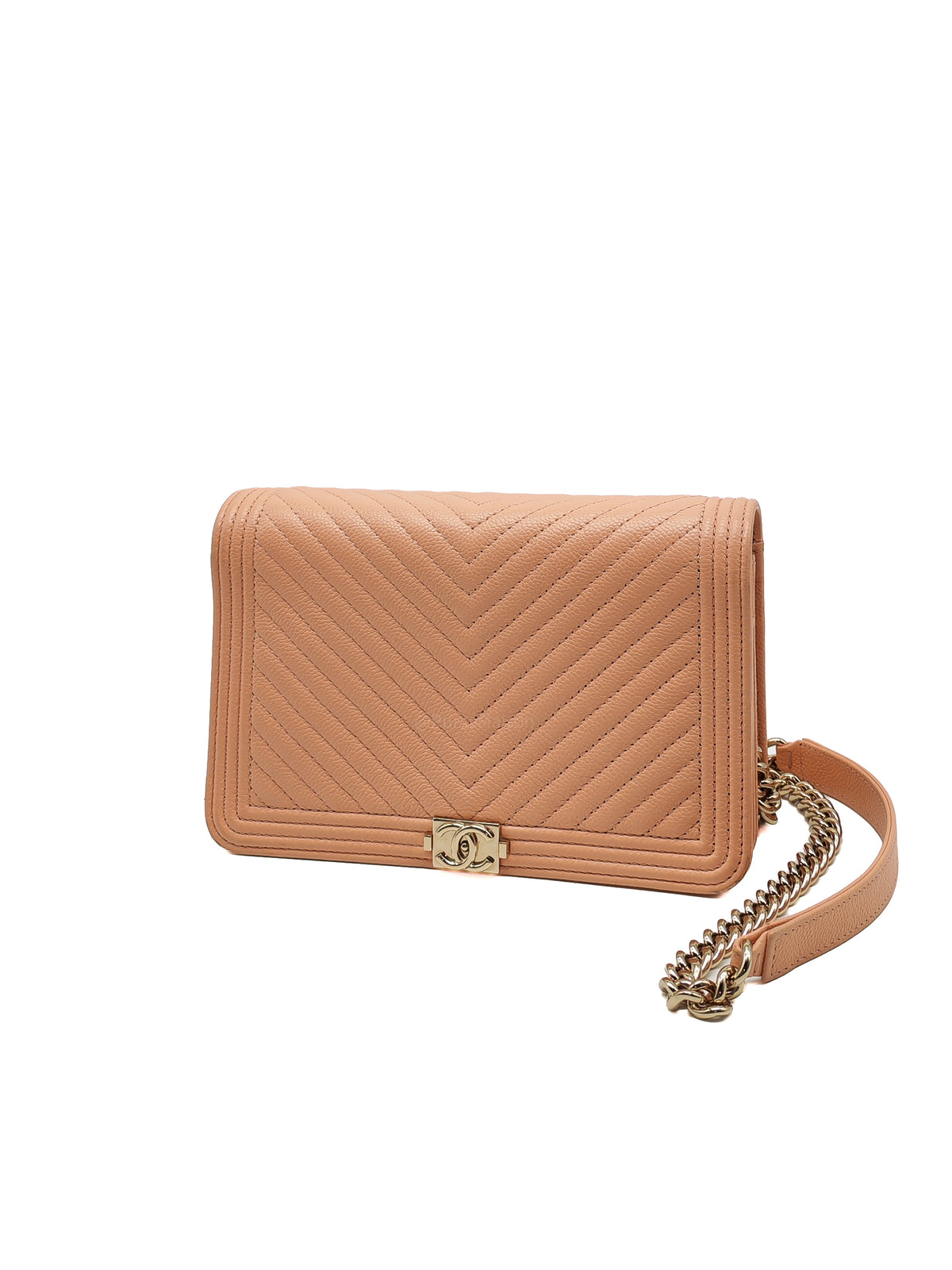 Chanel Boy Chevron Wallet on Chain in Peach Caviar Leather and Light Gold Hardware Microchip