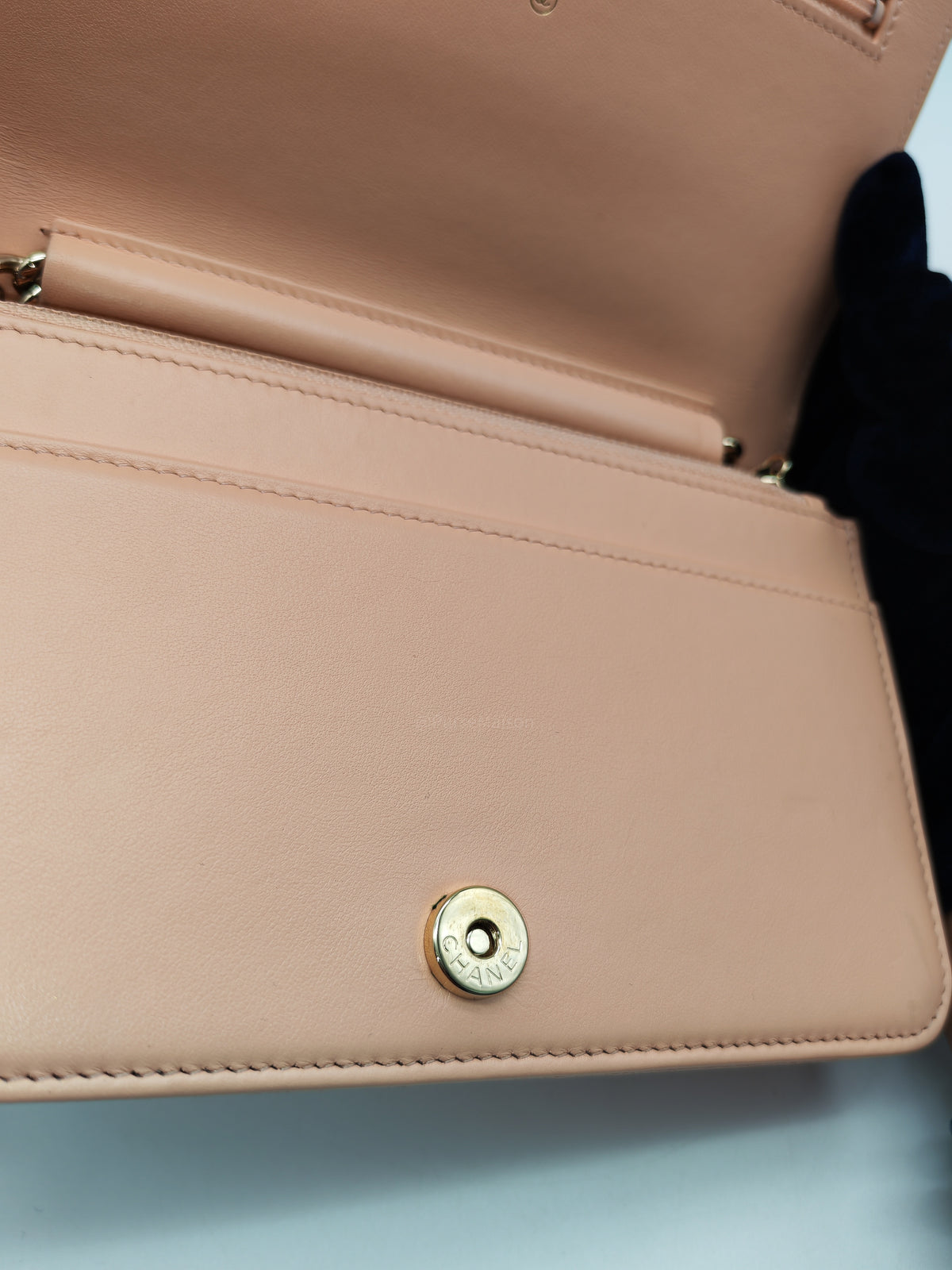 Chanel Boy Chevron Wallet on Chain in Peach Caviar Leather and Light Gold Hardware Microchip