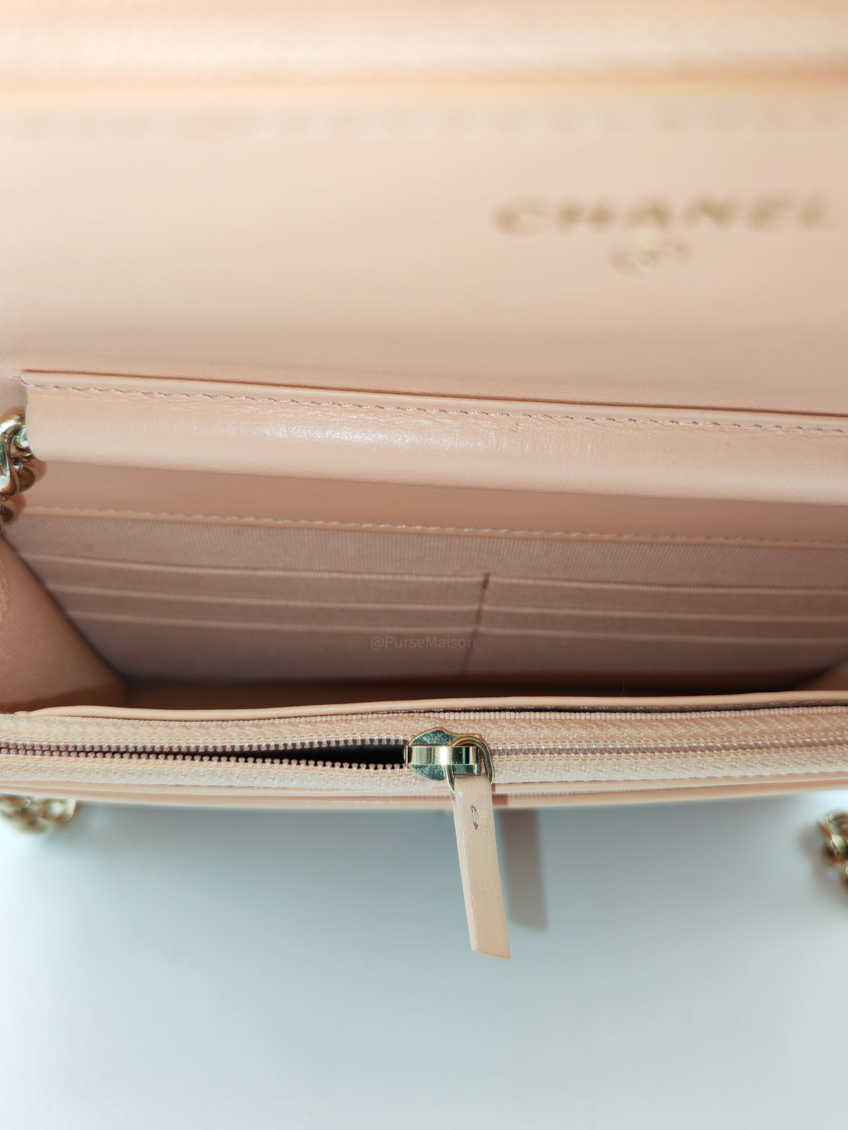 Chanel Boy Chevron Wallet on Chain in Peach Caviar Leather and Light Gold Hardware Microchip