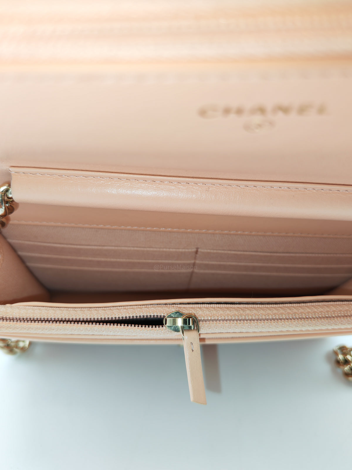 Chanel Boy Chevron Wallet on Chain in Peach Caviar Leather and Light Gold Hardware Microchip