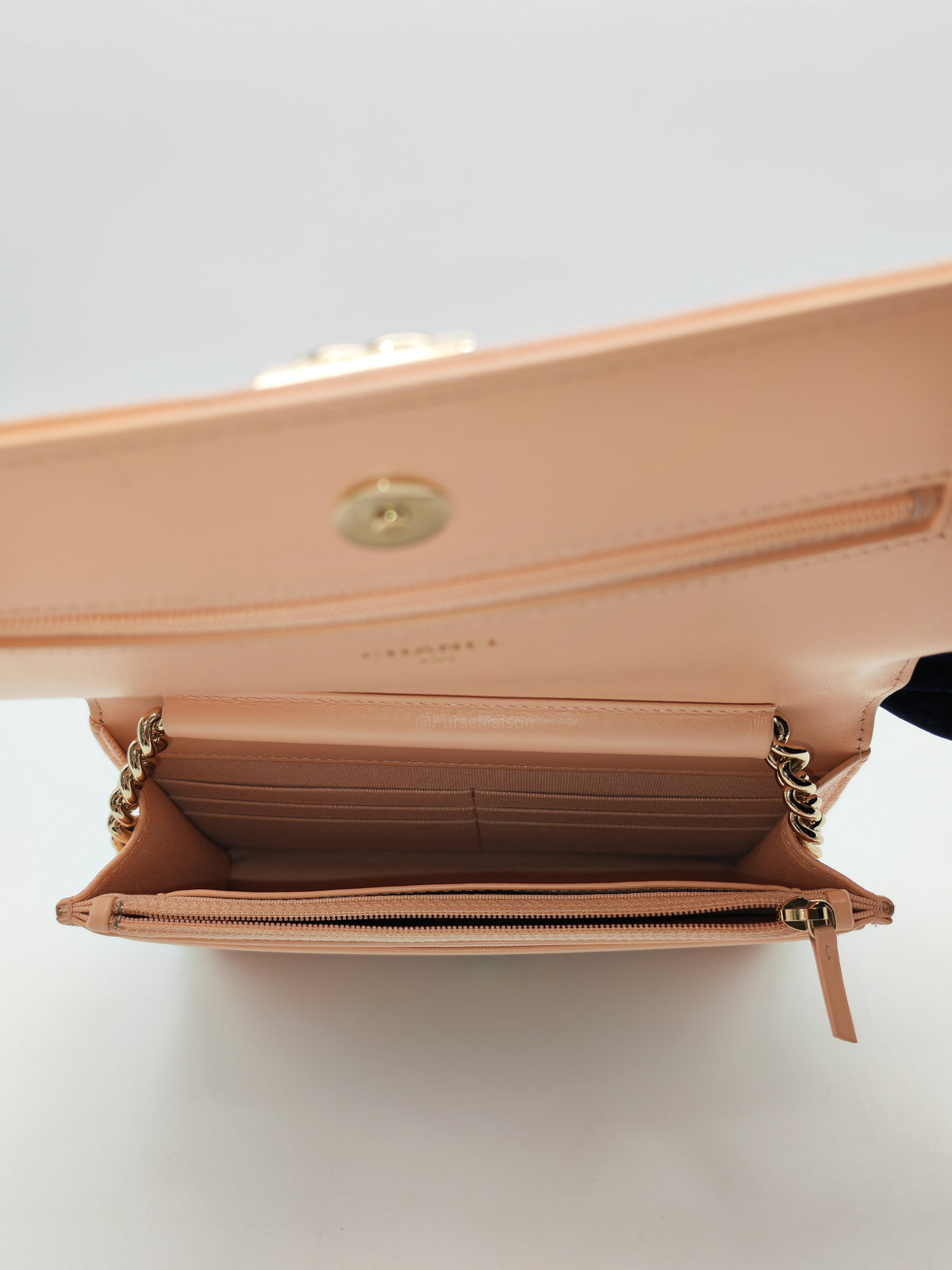 Chanel Boy Chevron Wallet on Chain in Peach Caviar Leather and Light Gold Hardware Microchip