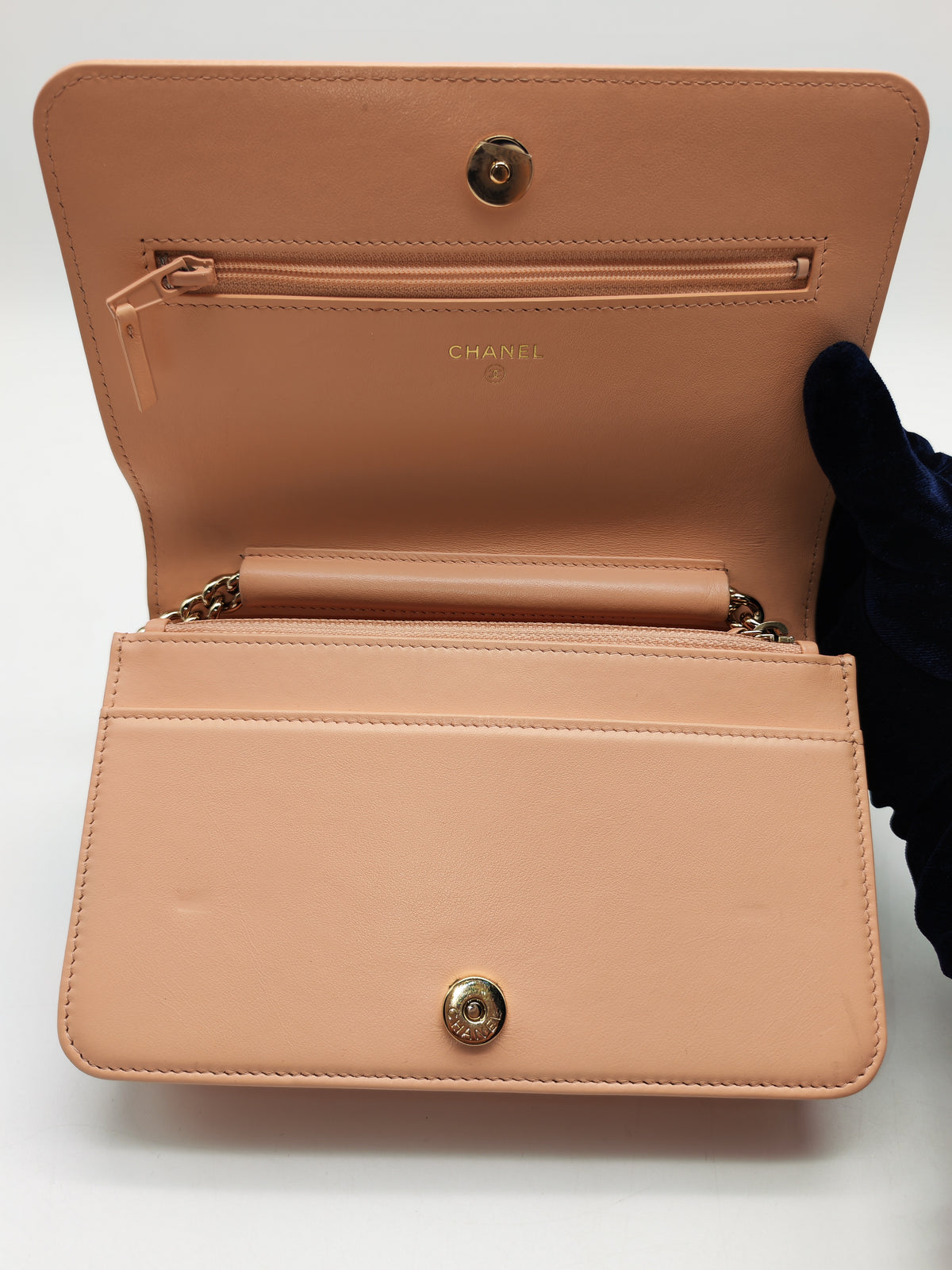 Chanel Boy Chevron Wallet on Chain in Peach Caviar Leather and Light Gold Hardware Microchip