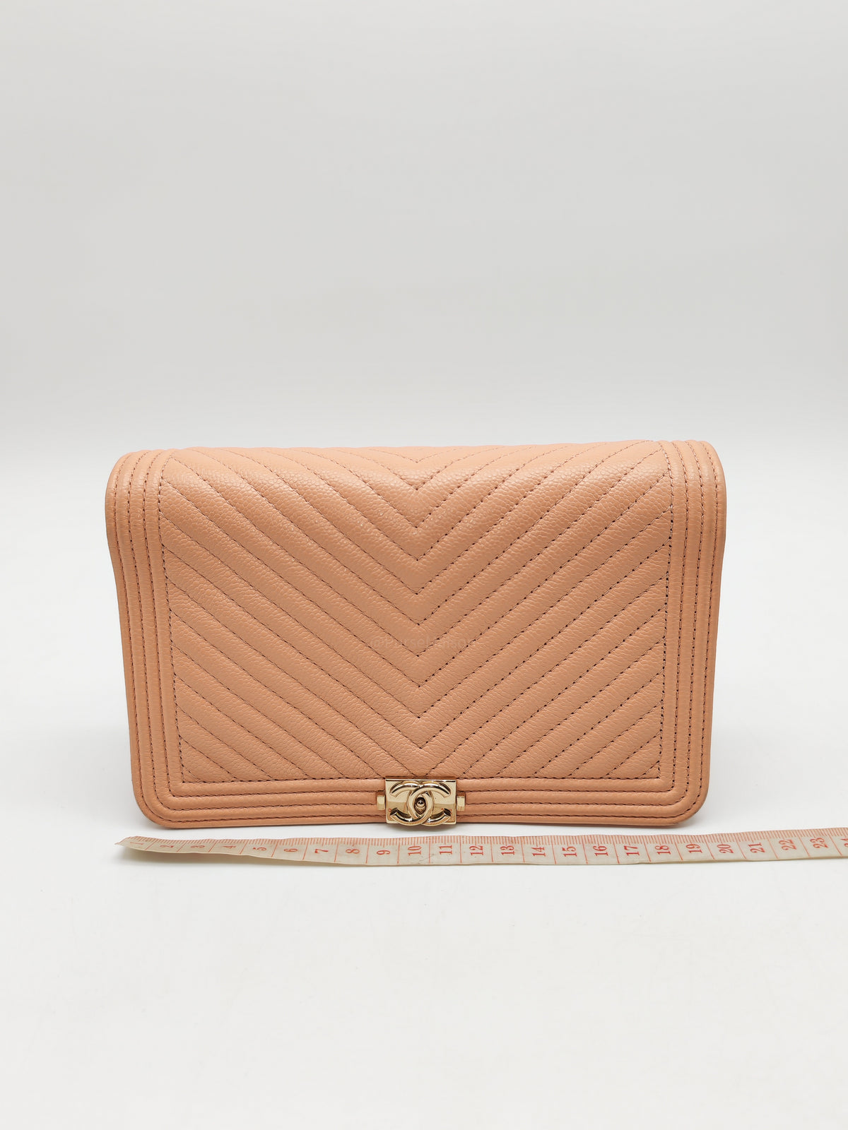 Chanel Boy Chevron Wallet on Chain in Peach Caviar Leather and Light Gold Hardware Microchip
