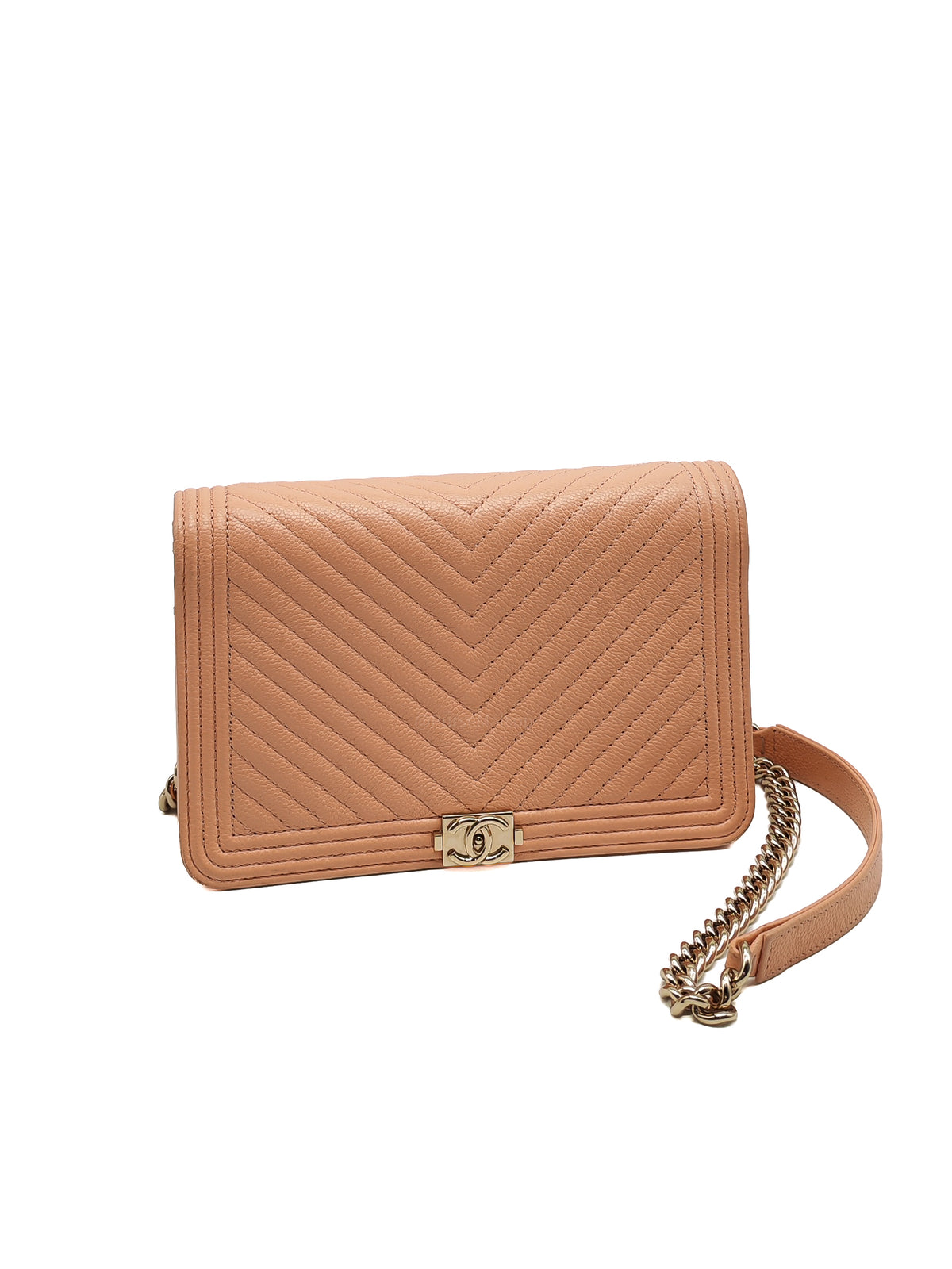 Chanel Boy Chevron Wallet on Chain in Peach Caviar Leather and Light Gold Hardware Microchip