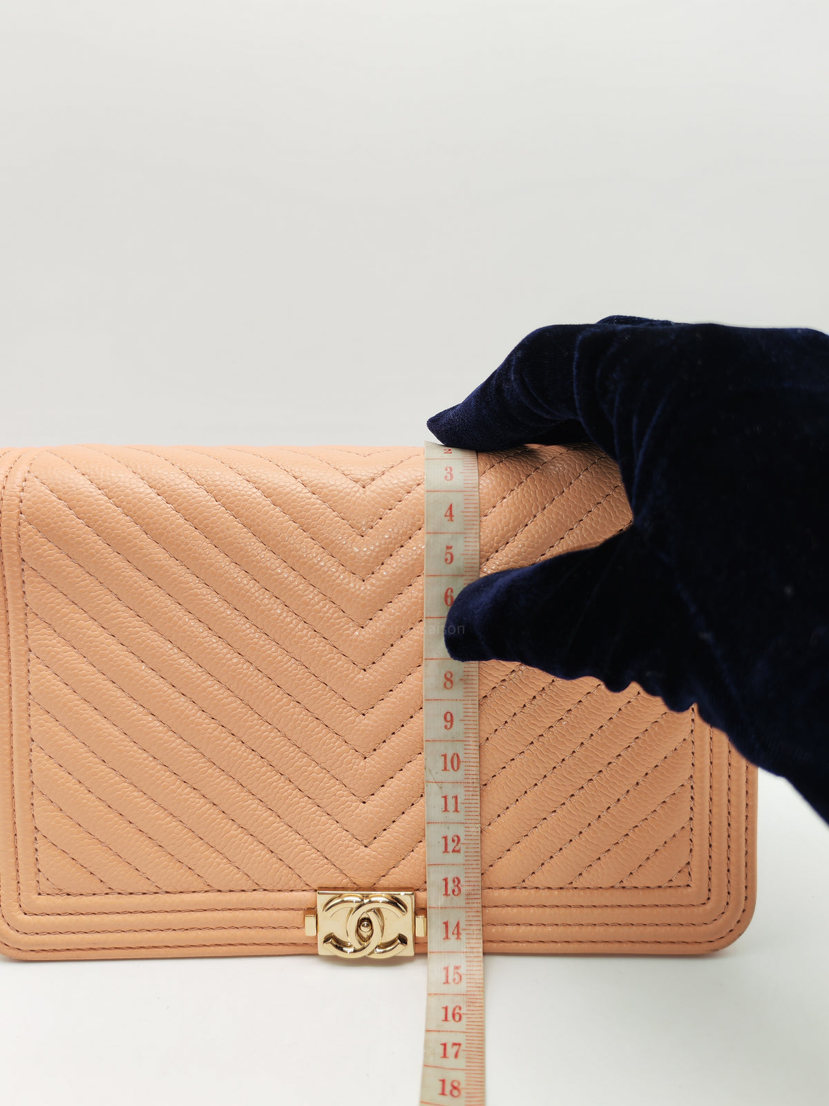 Chanel Boy Chevron Wallet on Chain in Peach Caviar Leather and Light Gold Hardware Microchip