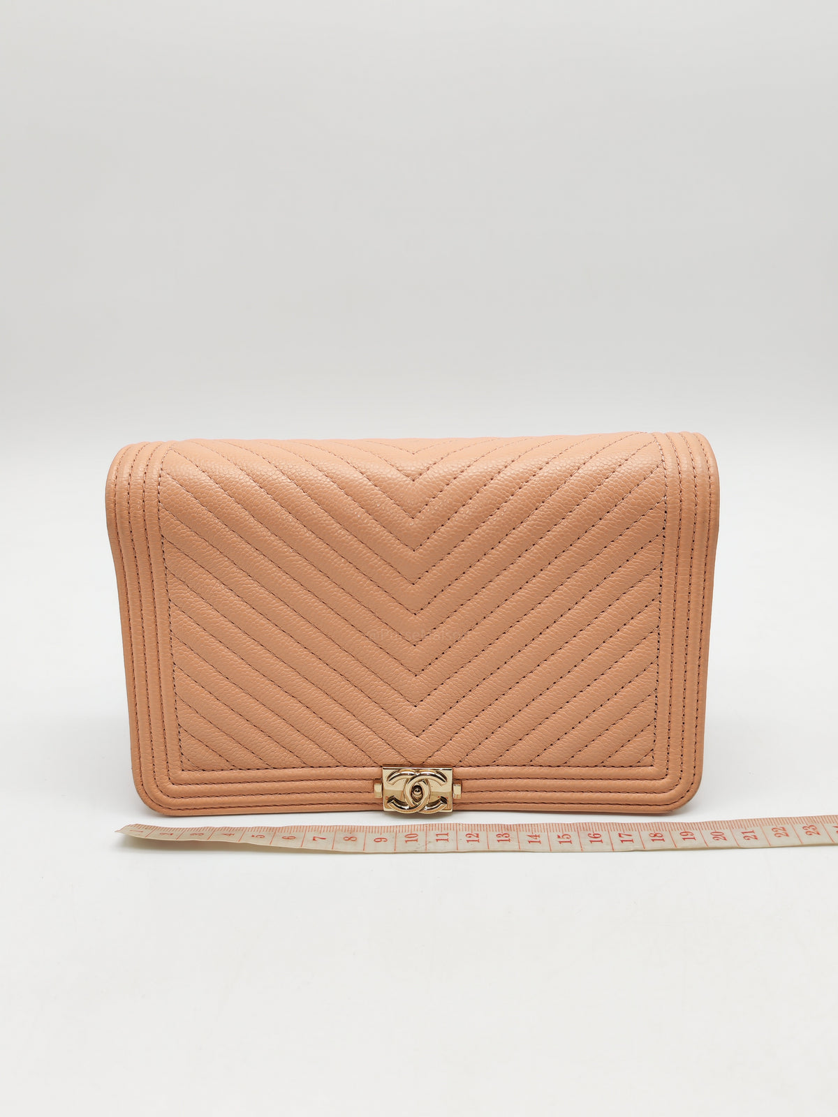 Chanel Boy Chevron Wallet on Chain in Peach Caviar Leather and Light Gold Hardware Microchip