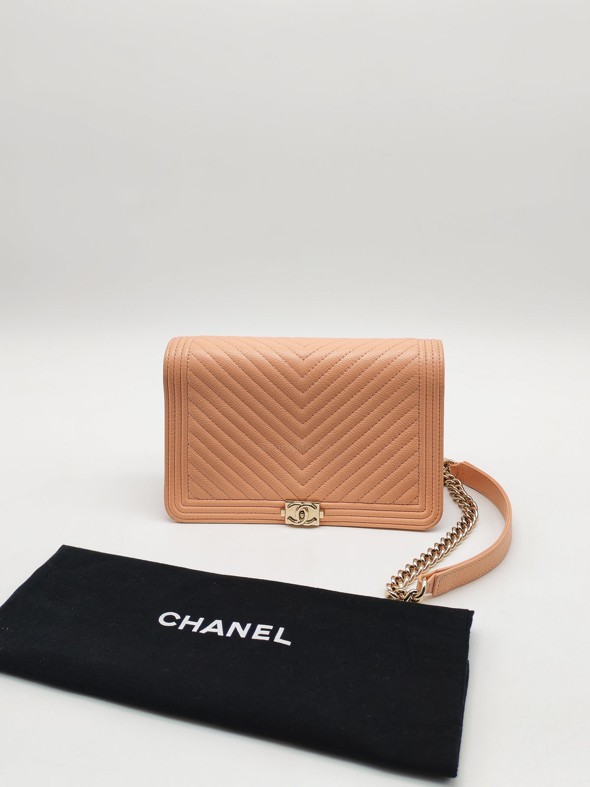 Chanel Boy Chevron Wallet on Chain in Peach Caviar Leather and Light Gold Hardware Microchip
