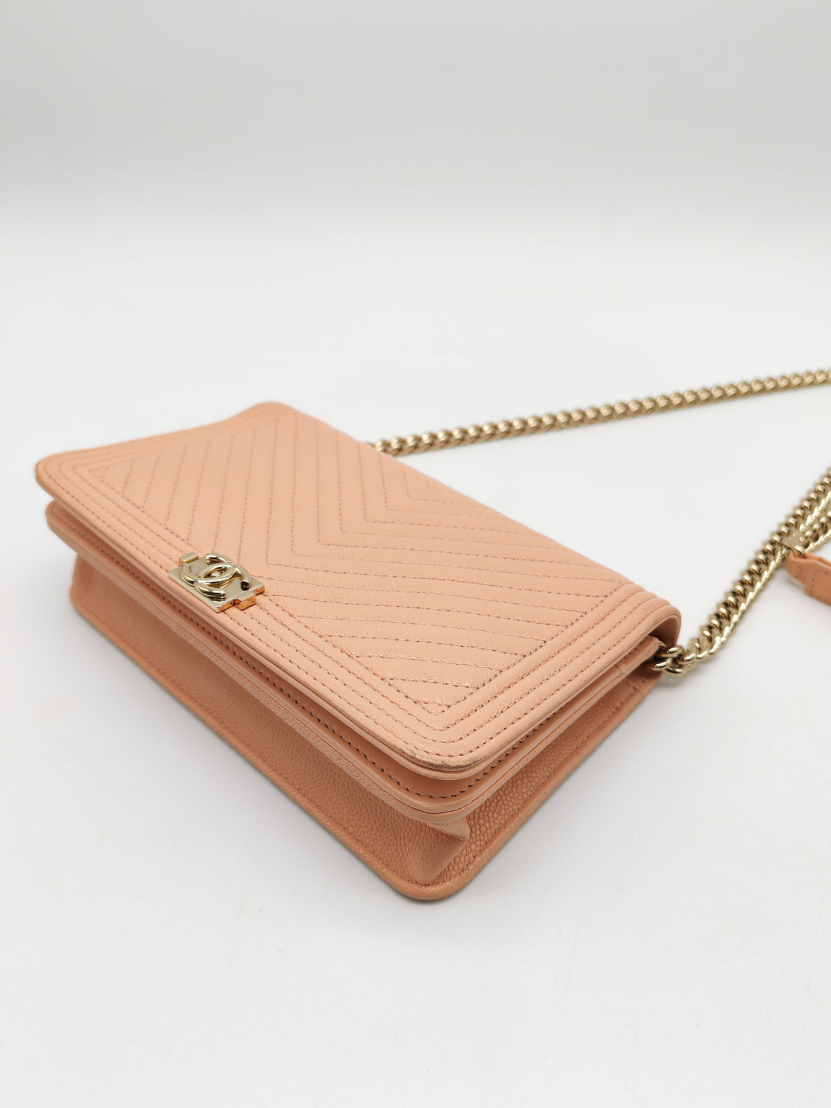 Chanel Boy Chevron Wallet on Chain in Peach Caviar Leather and Light Gold Hardware Microchip