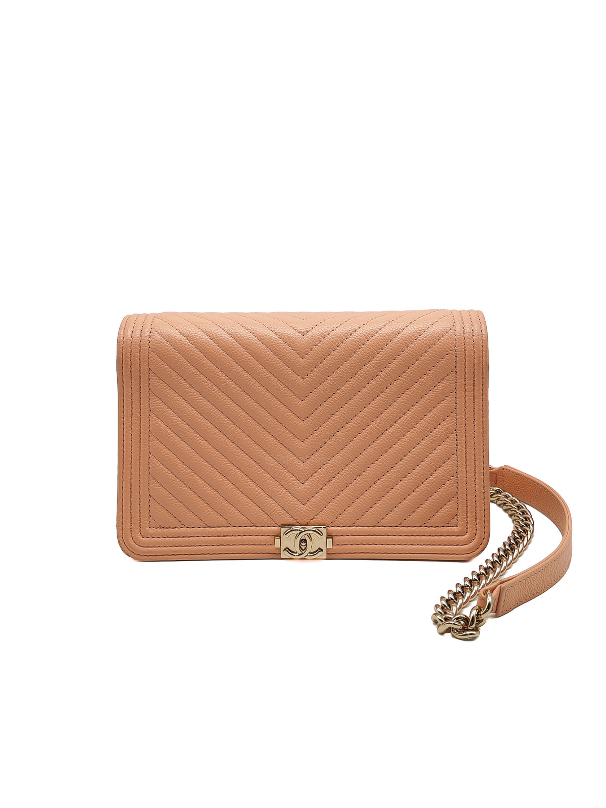 Chanel Boy Chevron Wallet on Chain in Peach Caviar Leather and Light Gold Hardware Microchip