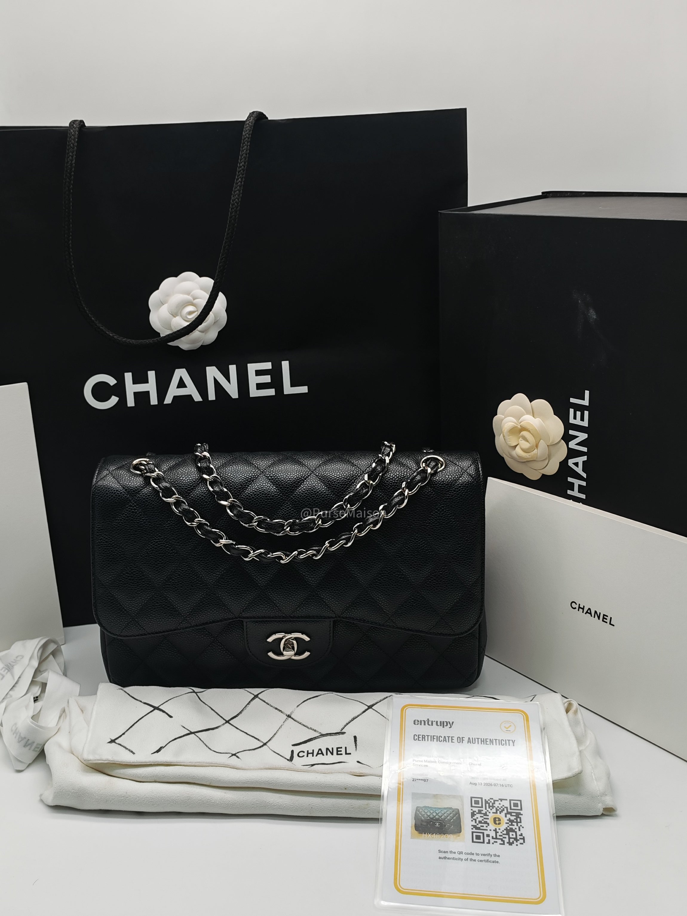 Chanel Classic Double Flap Jumbo in Black Quilted Caviar Leather and Silver Hardware Series 27