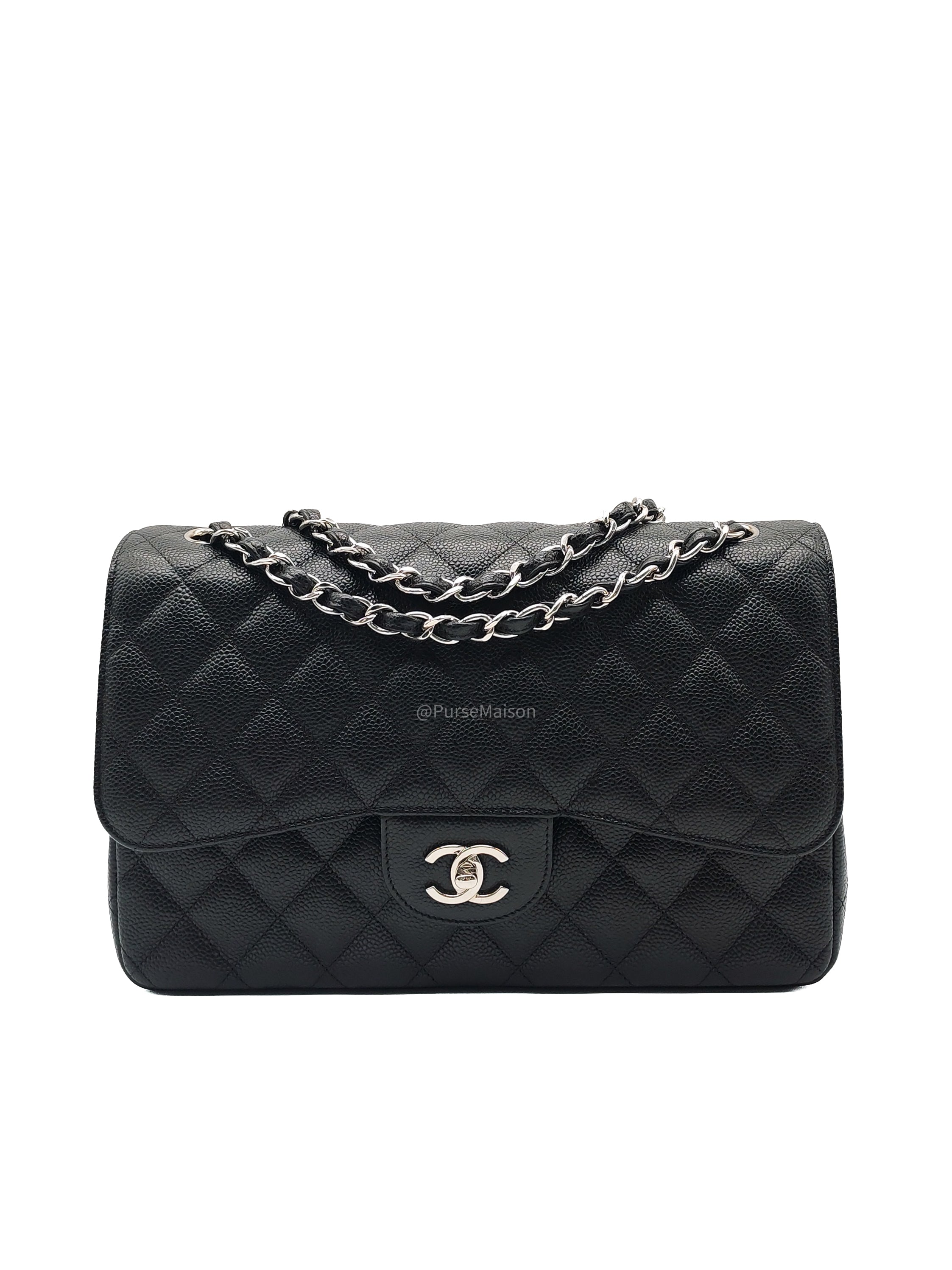 Chanel Classic Double Flap Jumbo in Black Quilted Caviar Leather and Silver Hardware Series 27