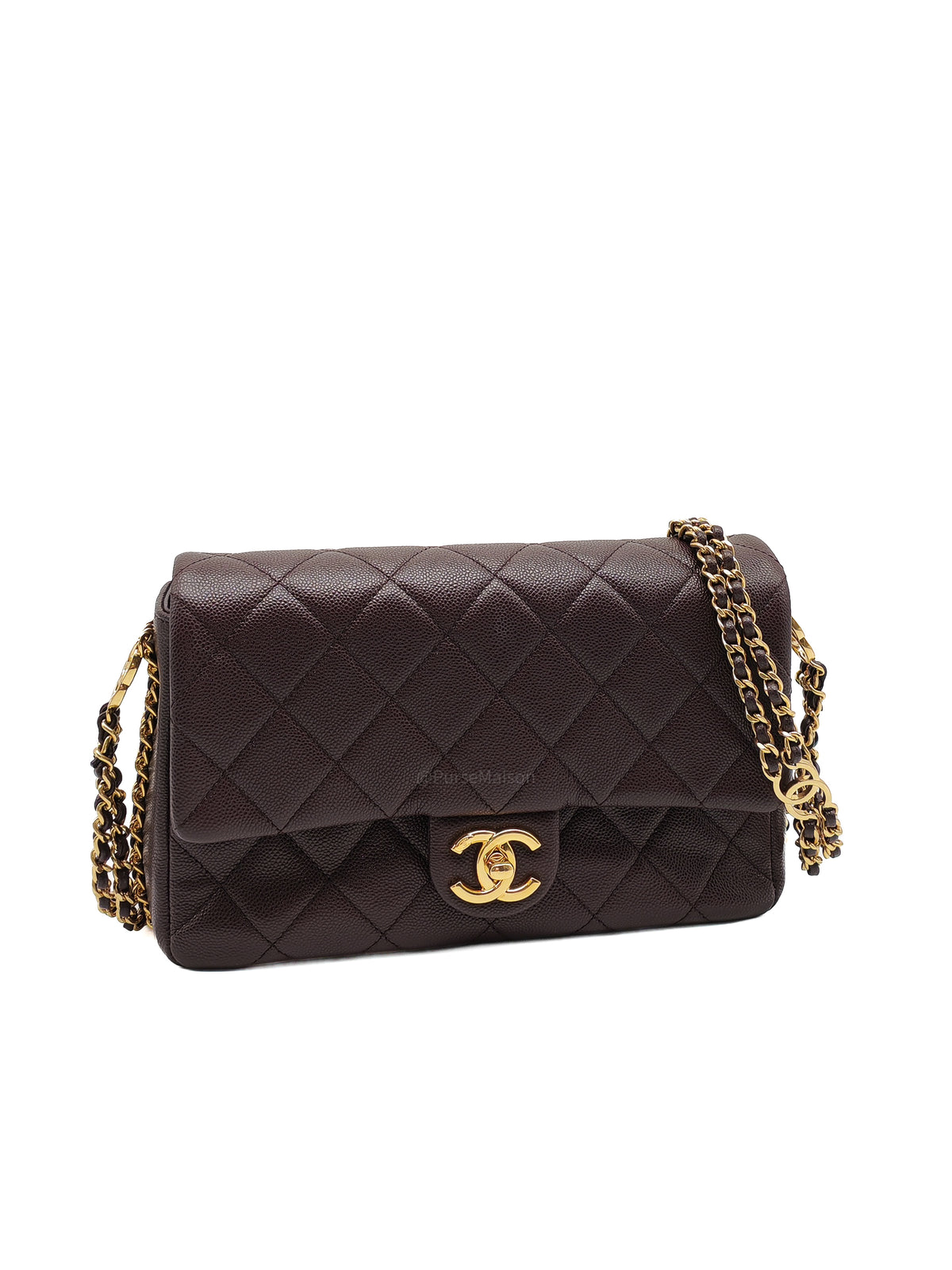 Chanel CC You Flap Bag in Dark Brown Caviar Leather Shiny Gold Hardware (Microchip)