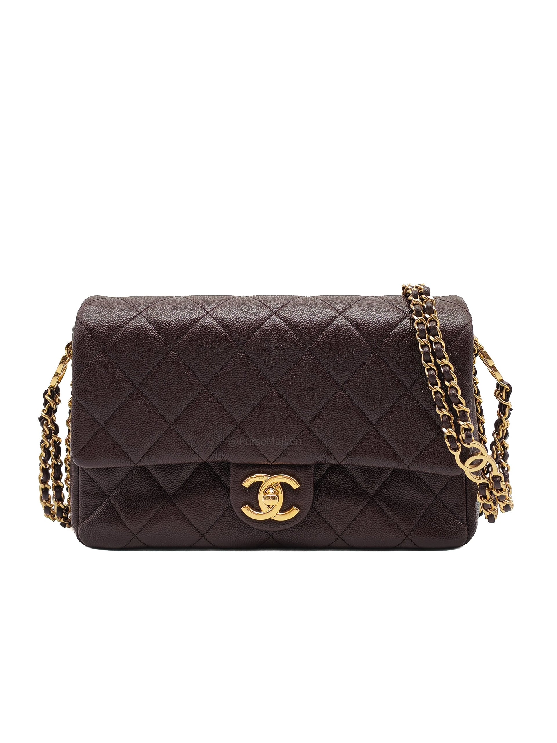 Chanel CC You Flap Bag in Dark Brown Caviar Leather Shiny Gold Hardware (Microchip)