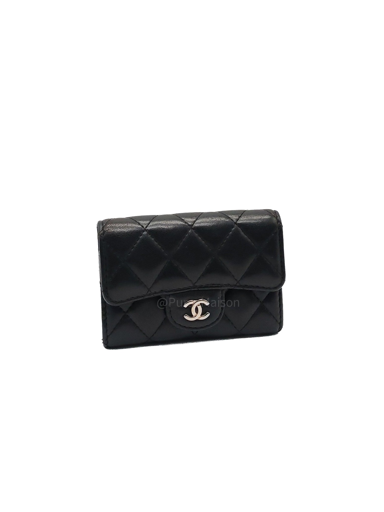 Chanel Classic Flap Card Holder in Black Quilted Calfskin Leather and Silver Hardware Series 22