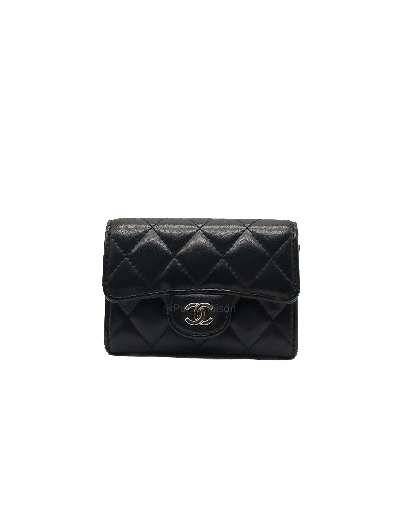 Chanel Classic Flap Card Holder in Black Quilted Calfskin Leather and Silver Hardware Series 22
