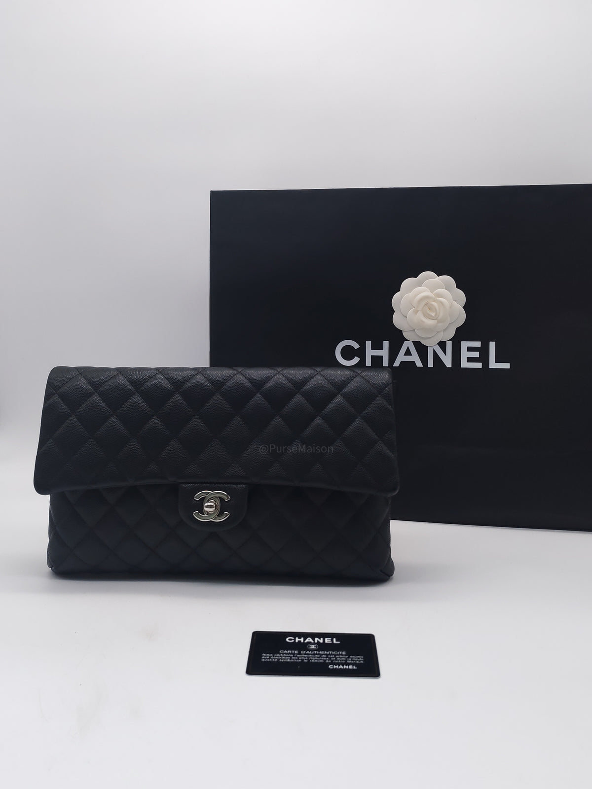 Chanel Classic Flap Clutch in Black Quilted Caviar Leather and Silver Hardware Series 26