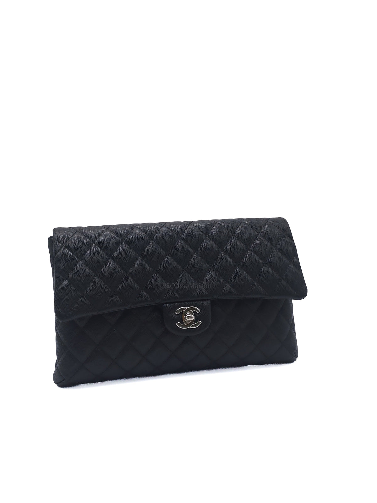 Chanel Classic Flap Clutch in Black Quilted Caviar Leather and Silver Hardware Series 26