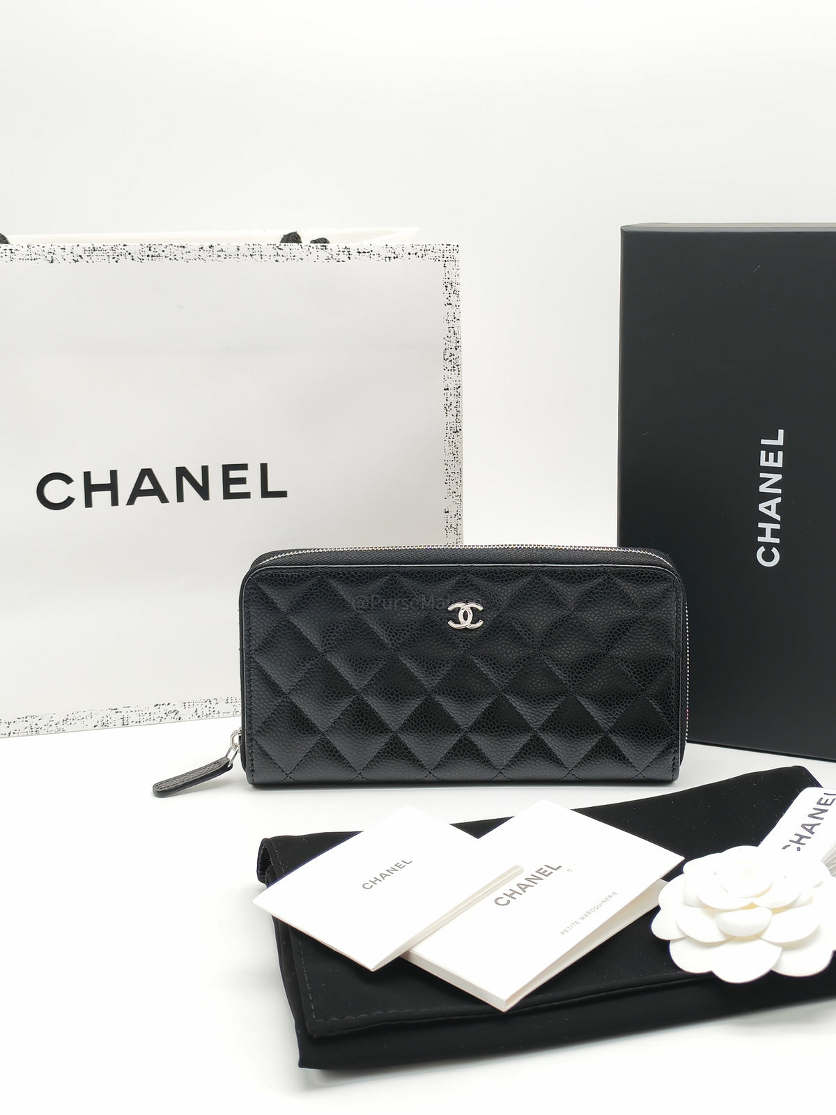 Chanel Classic Zip-Around Wallet in Black Caviar Leather and Silver Hardware Microchio (K1****0K)