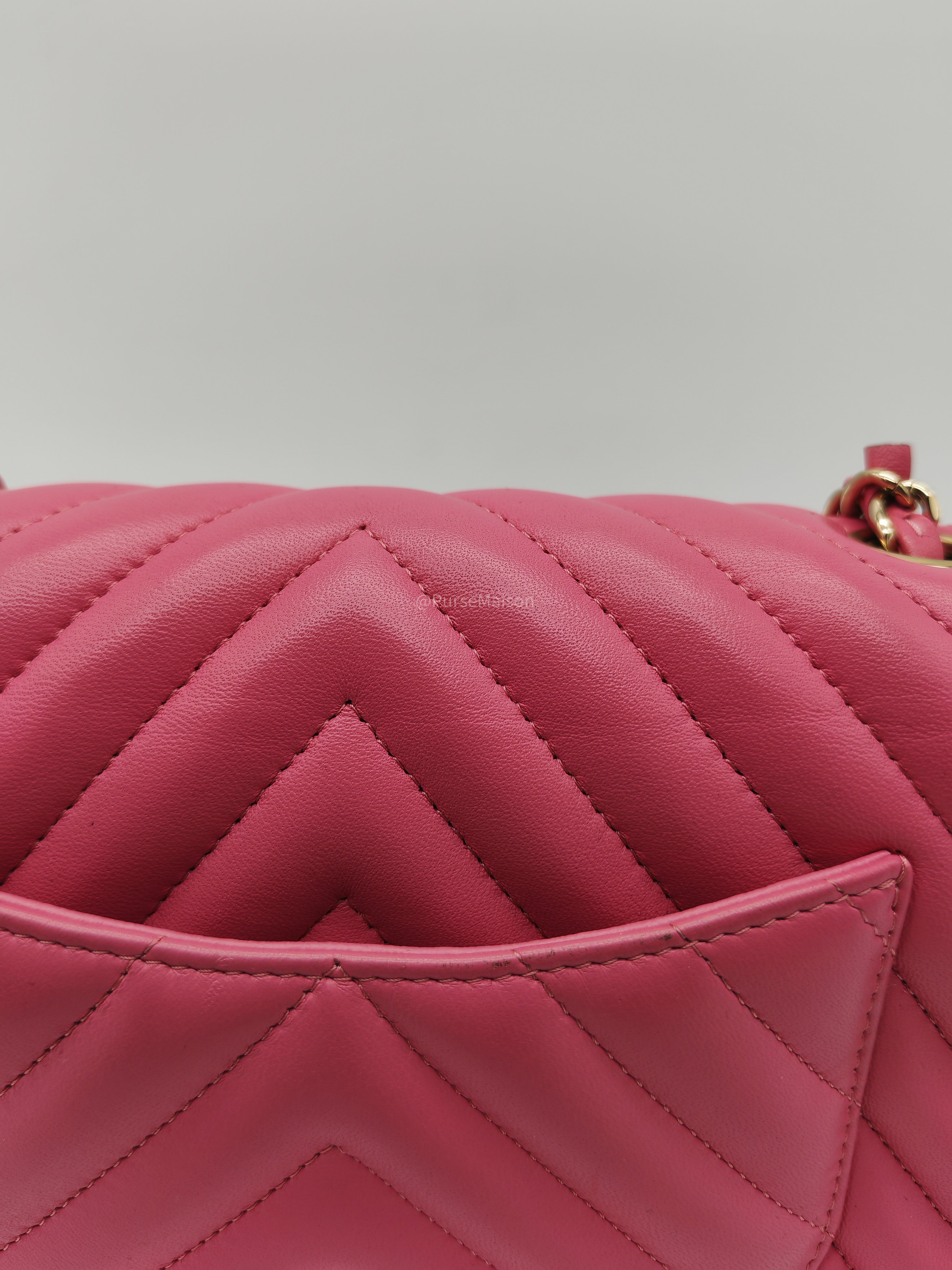 Chanel Classic Mini Rectangular Flap Bag in Pink Chevron Lambskin Leather Light Gold Hardware (Series 27)